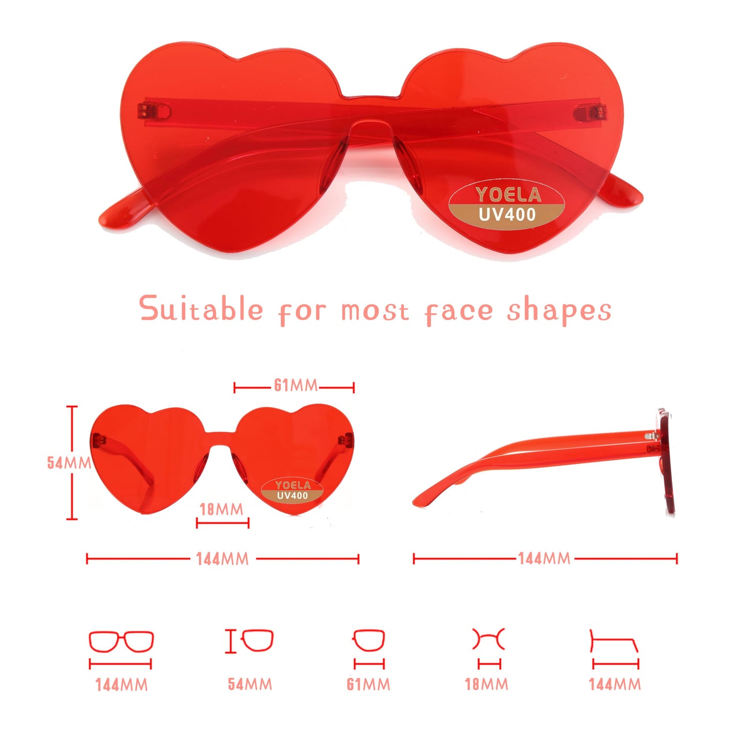Yoela Heart Thick Oversized Rimless Sunglasses Transparent Heart Shape Eyewear Colorful Glasses Party Favors