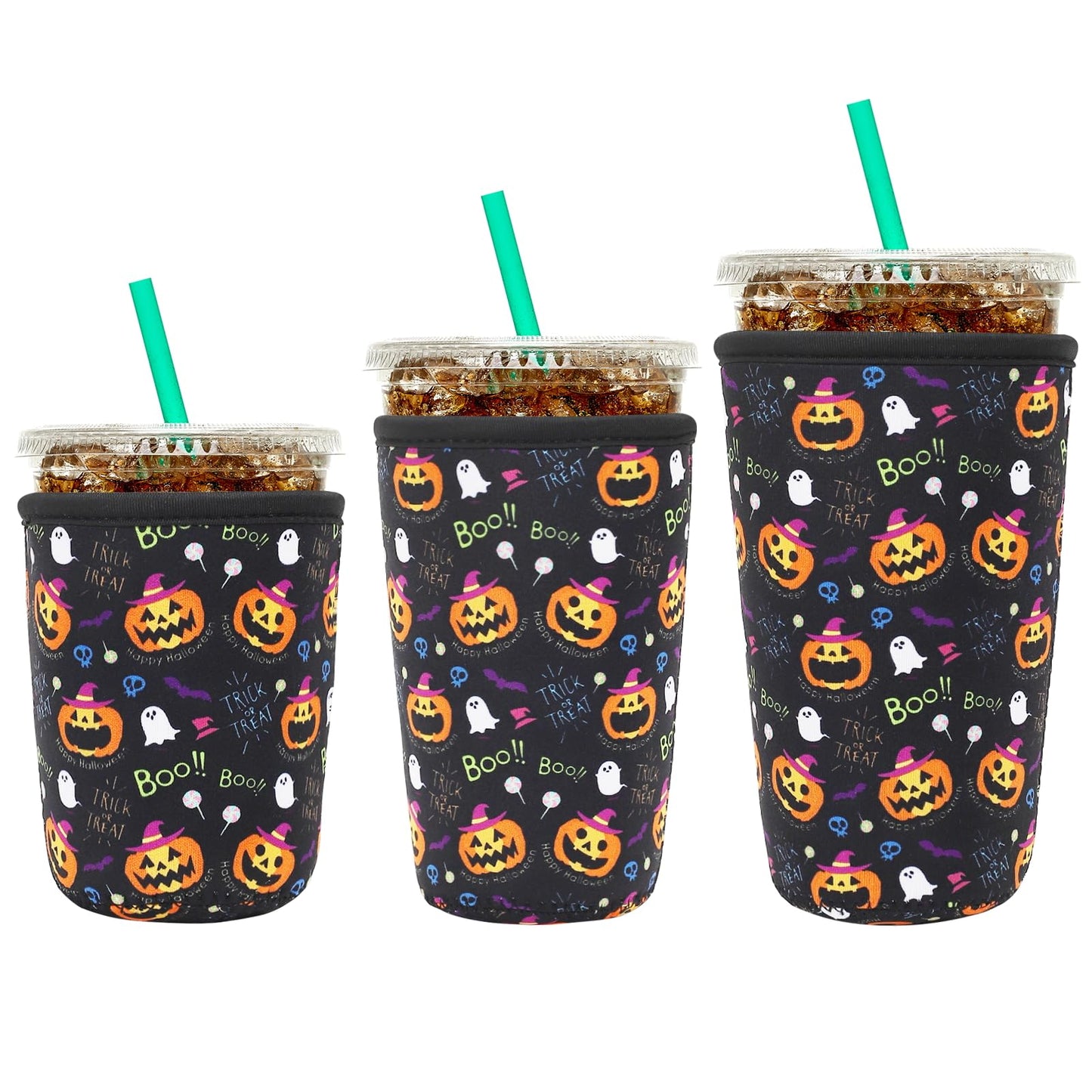 YR Reusable Neoprene Insulator Sleeve for Iced Coffee Cups, 3 Pack Coffee Coolies sleeves for Iced & Hot Drinks, Cold Beverage Cooler Compatible with Starbucks Coffee and More (Halloween Boo)
