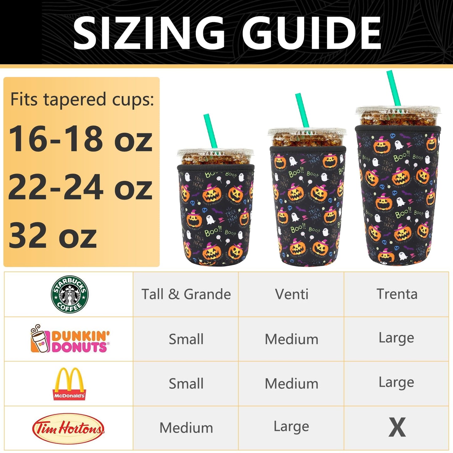 YR Reusable Neoprene Insulator Sleeve for Iced Coffee Cups, 3 Pack Coffee Coolies sleeves for Iced & Hot Drinks, Cold Beverage Cooler Compatible with Starbucks Coffee and More (Halloween Boo)