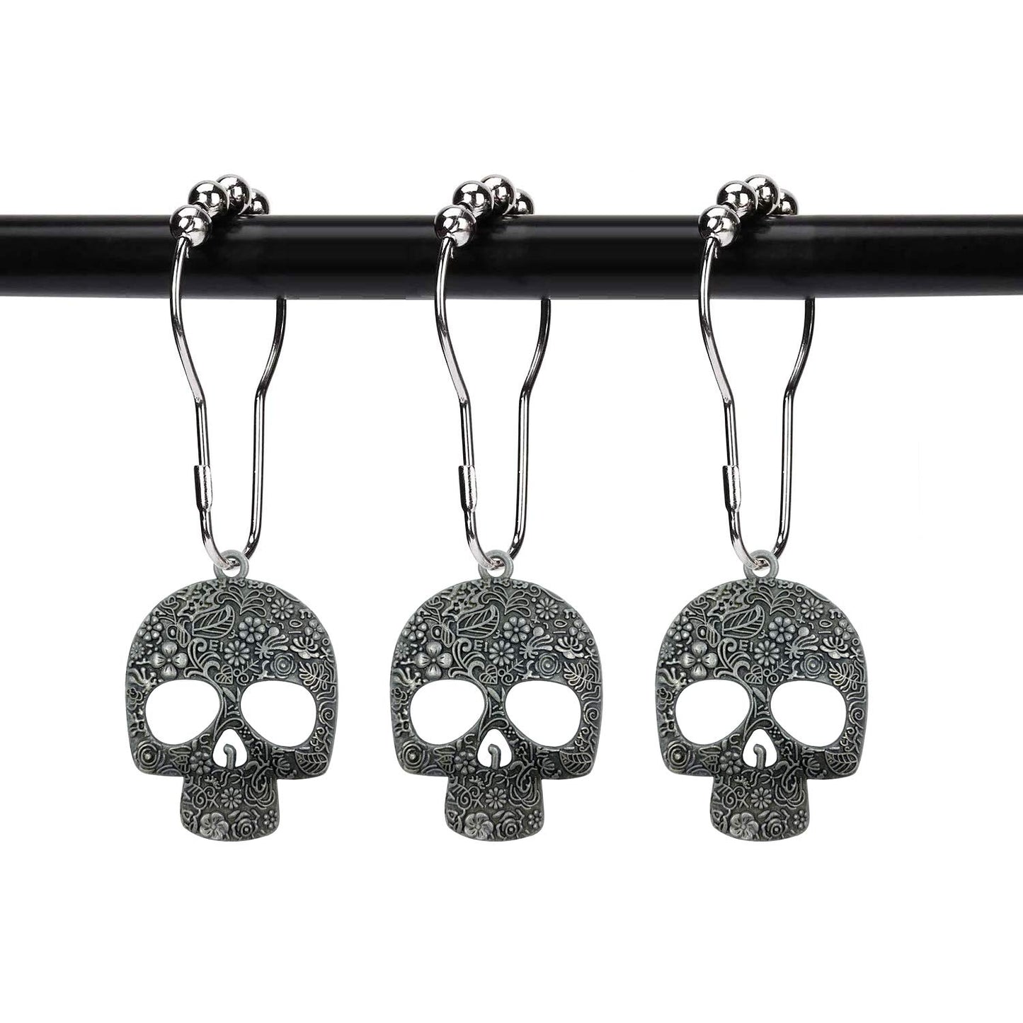 ZILucky Set of 12 Sugar Skull Shower Curtain Hooks Decorative Home Bathroom Stainless Steel Rustproof Skeletons Shower Curtain Rings Decor Accessories (Pewter)