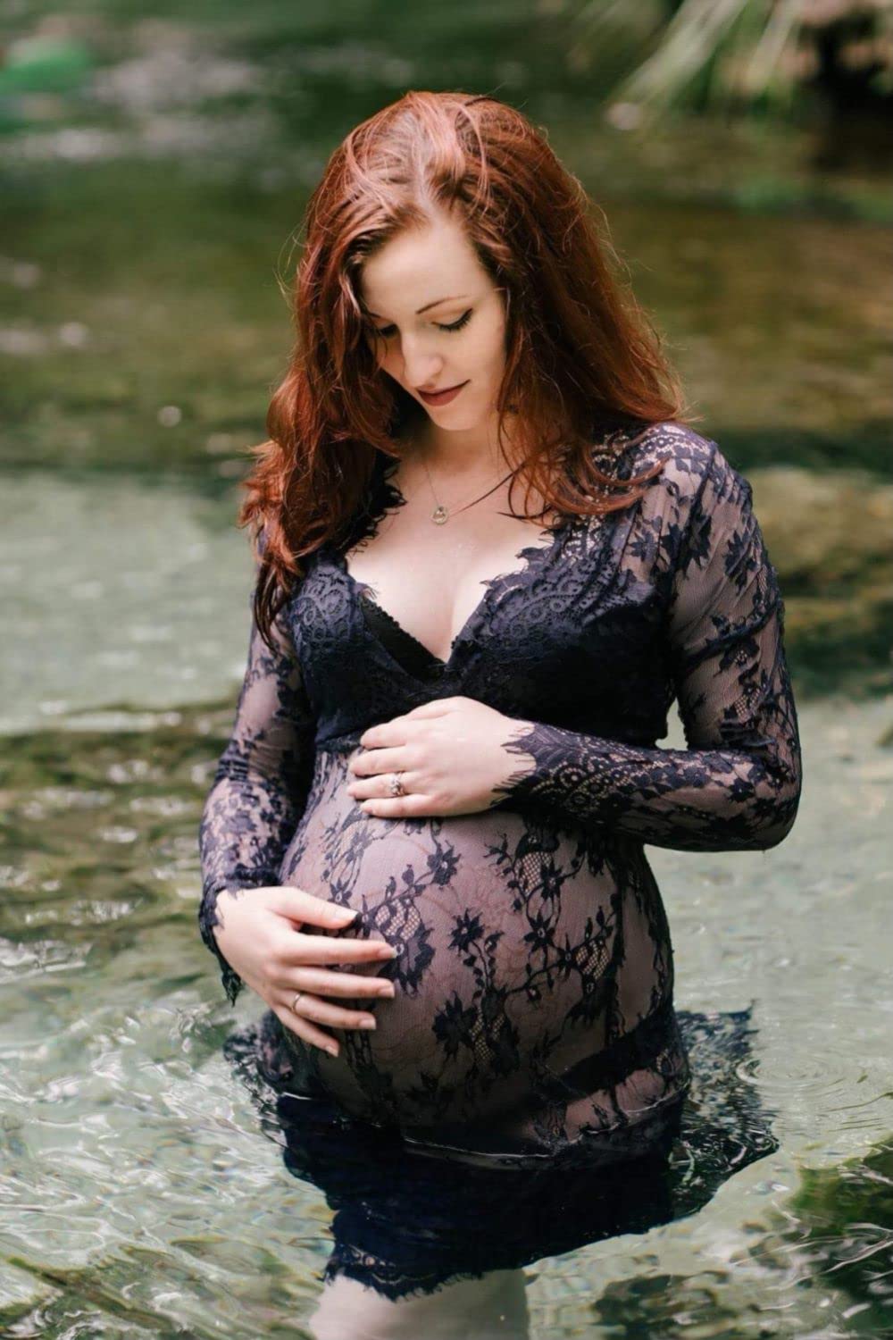 ZIUMUDY Sexy Deep V-Neck Long Sleeve Lace Beach See-Through Maternity Maxi Dress (XX-Large, Black)