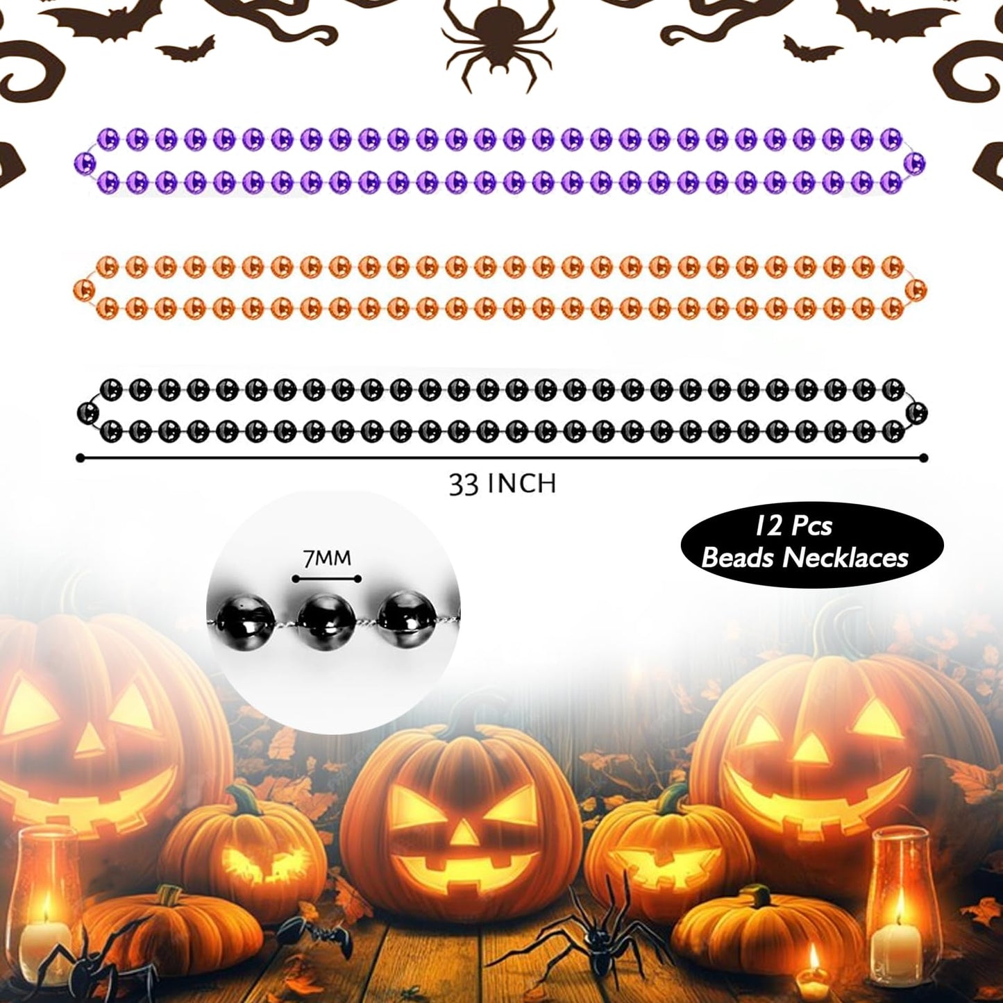 ZZYFGH 12 PCS 33'' 7mm Halloween Bead Necklace, Halloween Purple Black Orange Bead Necklaces for Halloween Parade Throws Halloween Trick or Treat Decorations