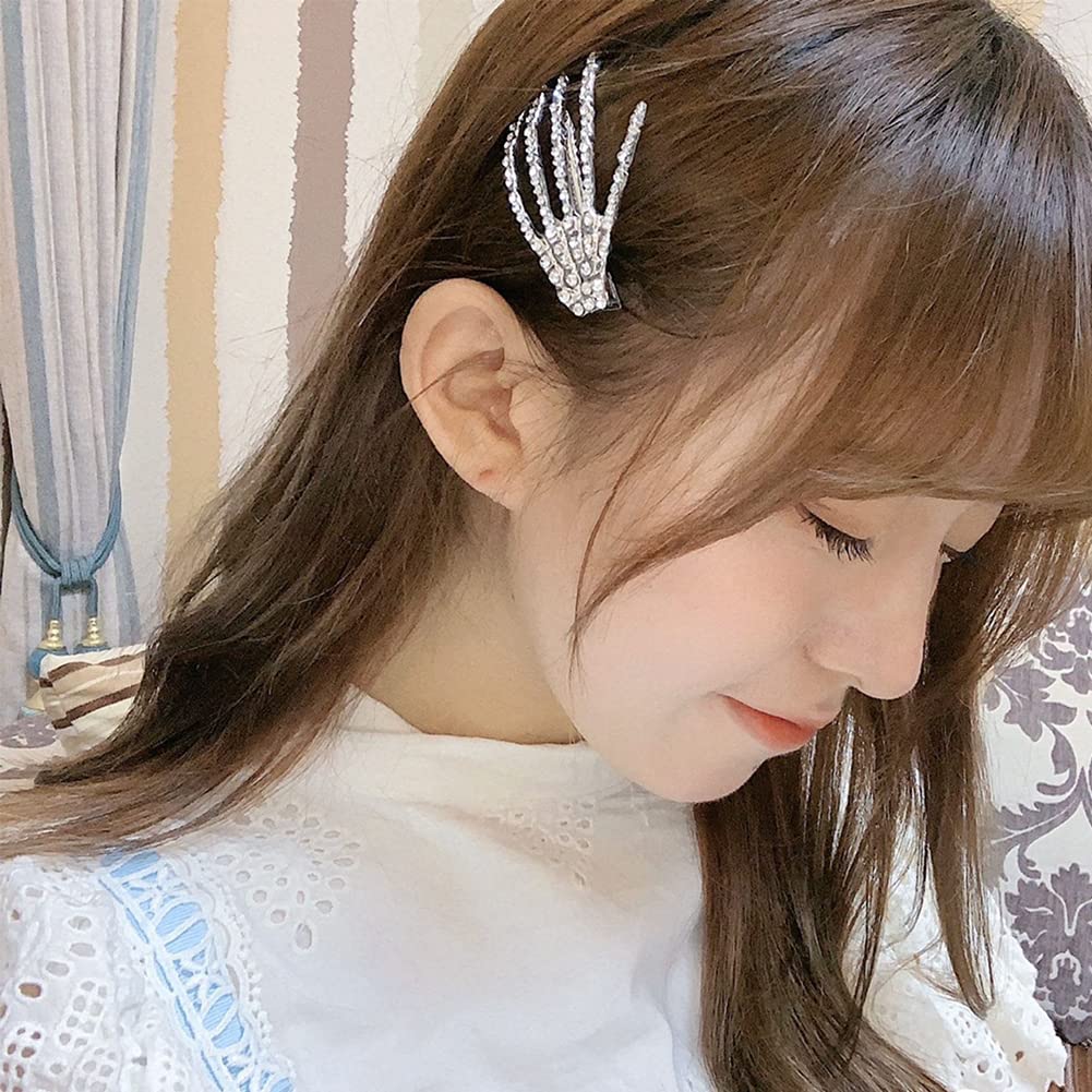 ZAHSY Hair Clip Rhinestone Skeleton Hand, 2 Count Halloween Hair Accessories for Women Girls, Silver, Skull Hand Hair Clips Barrettes Cosplay Party Favor