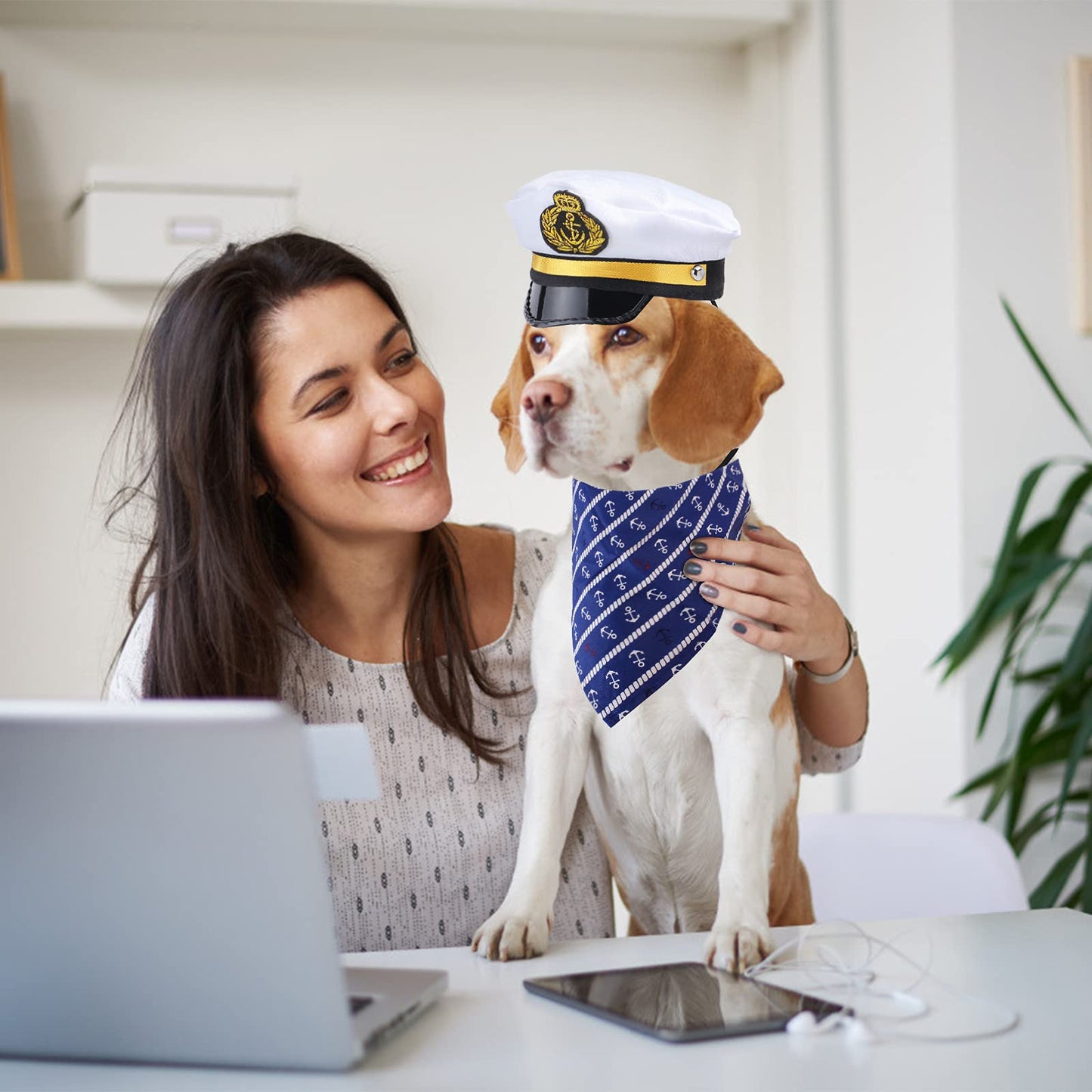 Yewong Pet Captain Sailors Costume Set Dog Cat Sea Captain Hat with Pet Anchor Triangle Bibs Scarf for Cat Puppy Navy Halloween Cosplay Costume Accessories Photo Props (White-B)