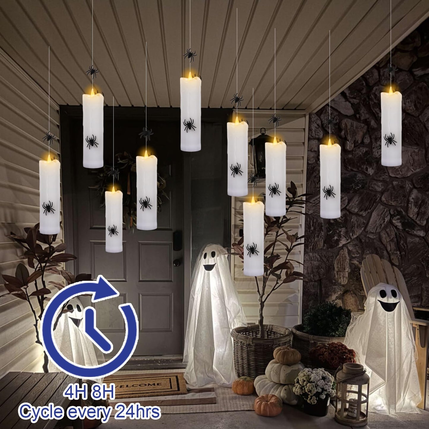 Wondise Halloween Flameless Floating Candle with Remote Timer, 4 Pack Battery Operated Hanging Candles with Spider Plastic LED Electric Candles for Halloween Decorations(White)
