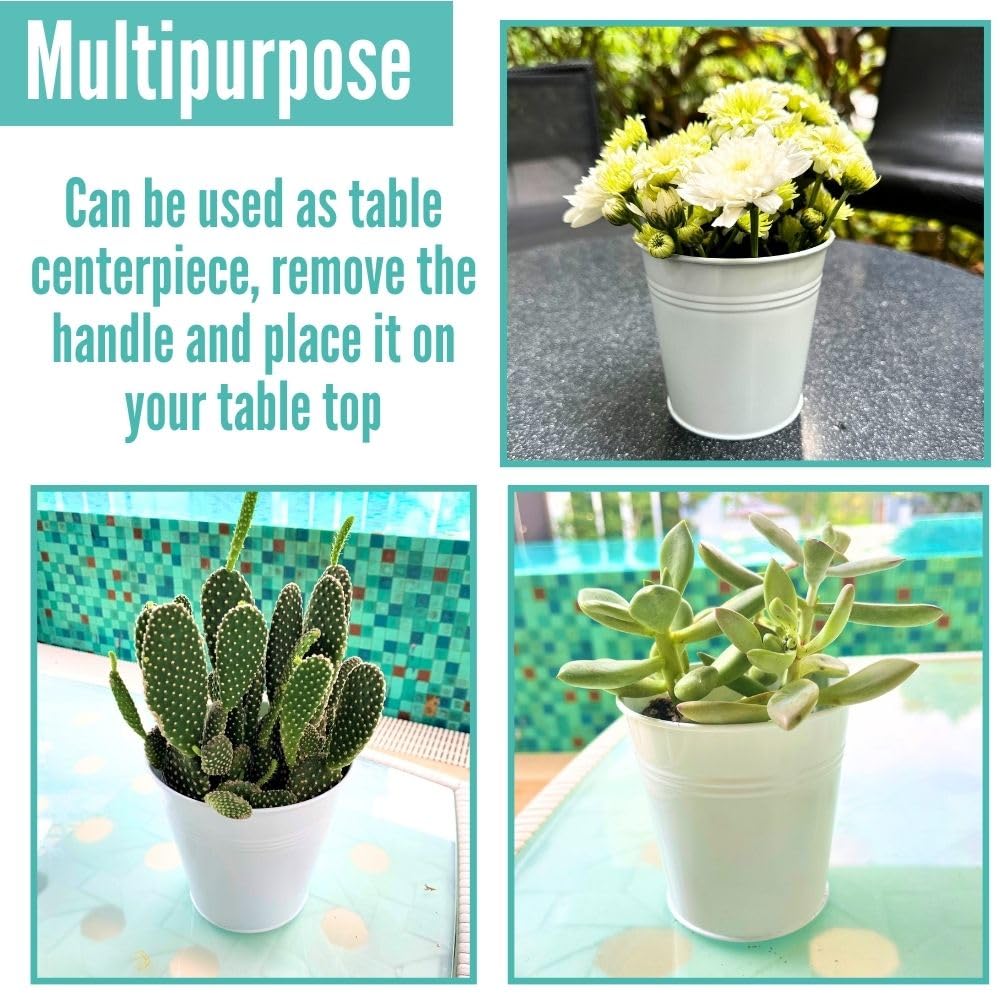 LaLaGreen Hanging Planters - 10 Pack, 4 Inch Balcony Railing Hanging Herb Garden Wall White Metal Bucket Fence Planter for Outdoor Plants Flower Pot Deck Rail Porch Window Box Hooks Macetas Colgante