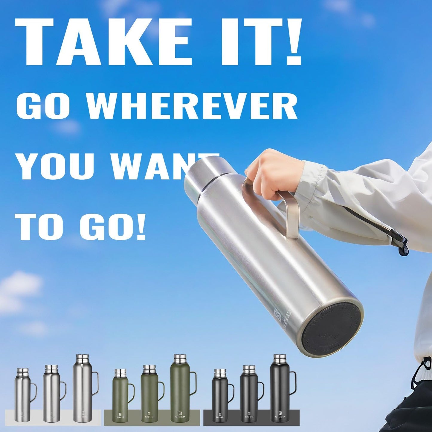 Insulated Vacuum Thermo Bottle 750ml/25.4oz with Cup Stainless Steel Coffee Bottles for Hot and Cold Drink Water Flask.(Green, with Handle, 750ml)