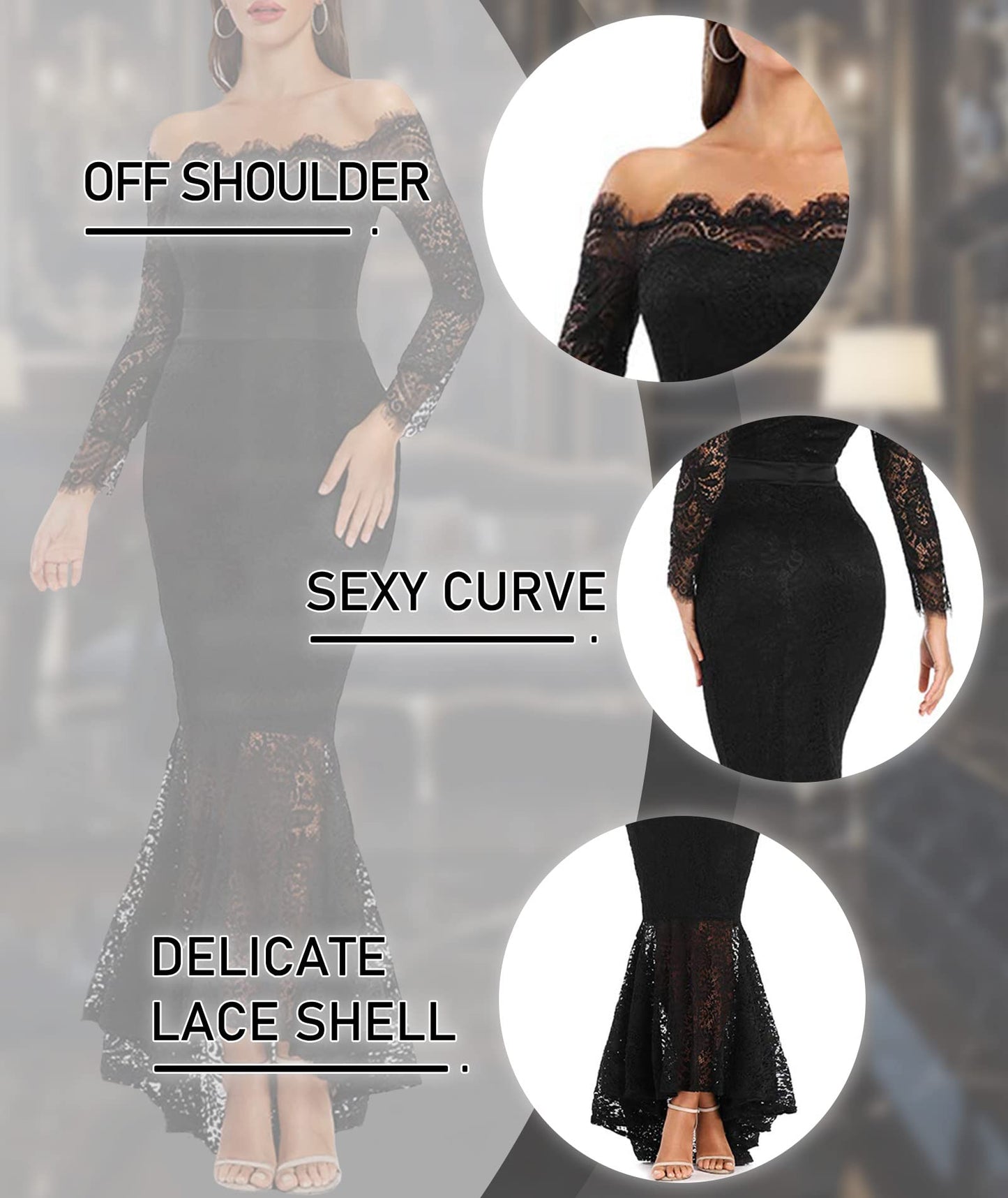 LALAGEN Women's Floral Lace Long Sleeve Off Shoulder Wedding Mermaid Dress Black XL