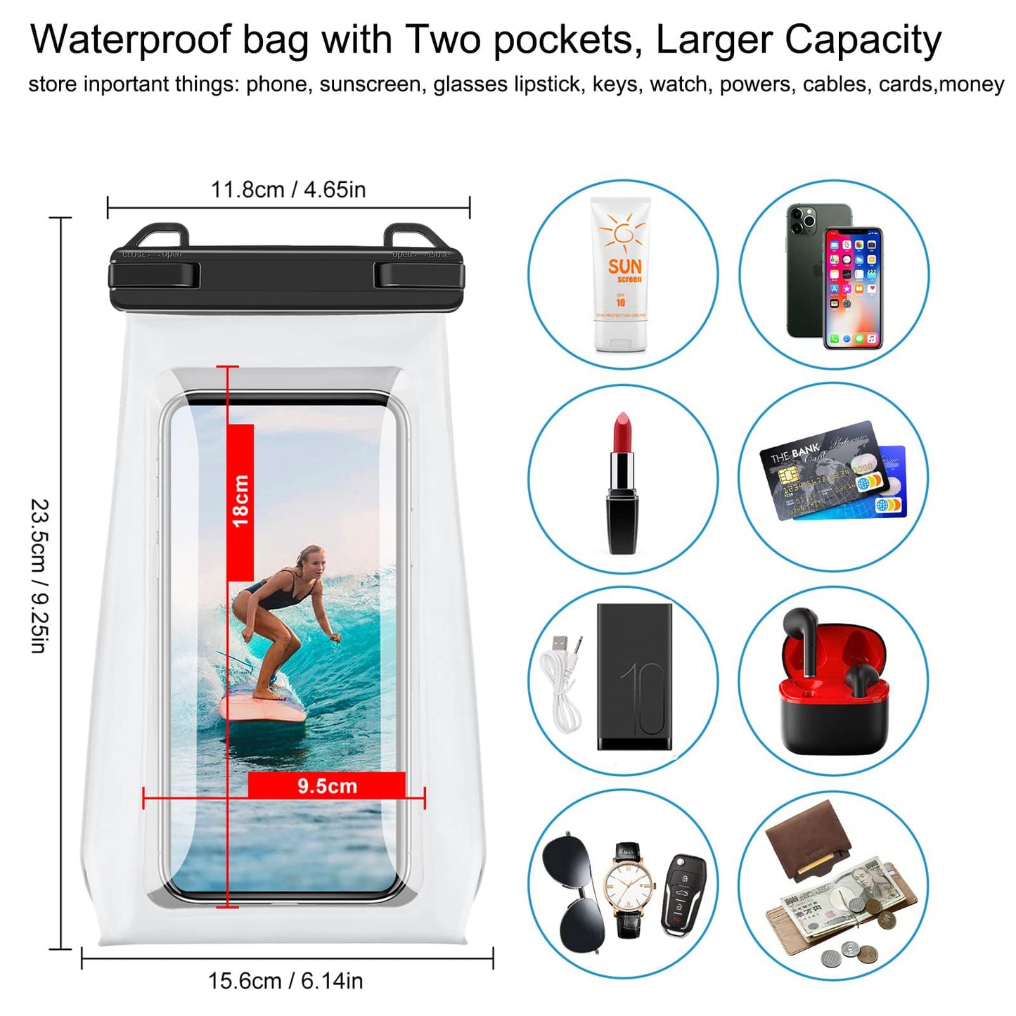 Large Capacity Waterproof Phone Pouch Floating, Waterproof Bag Case for iPhone 15 14 Pro Max 13 12 11 X XR 8 Plus Samsung Up to 6.9'', IPX8 Water Proof Phone Dry Bag for Boating Swimming Kayaking