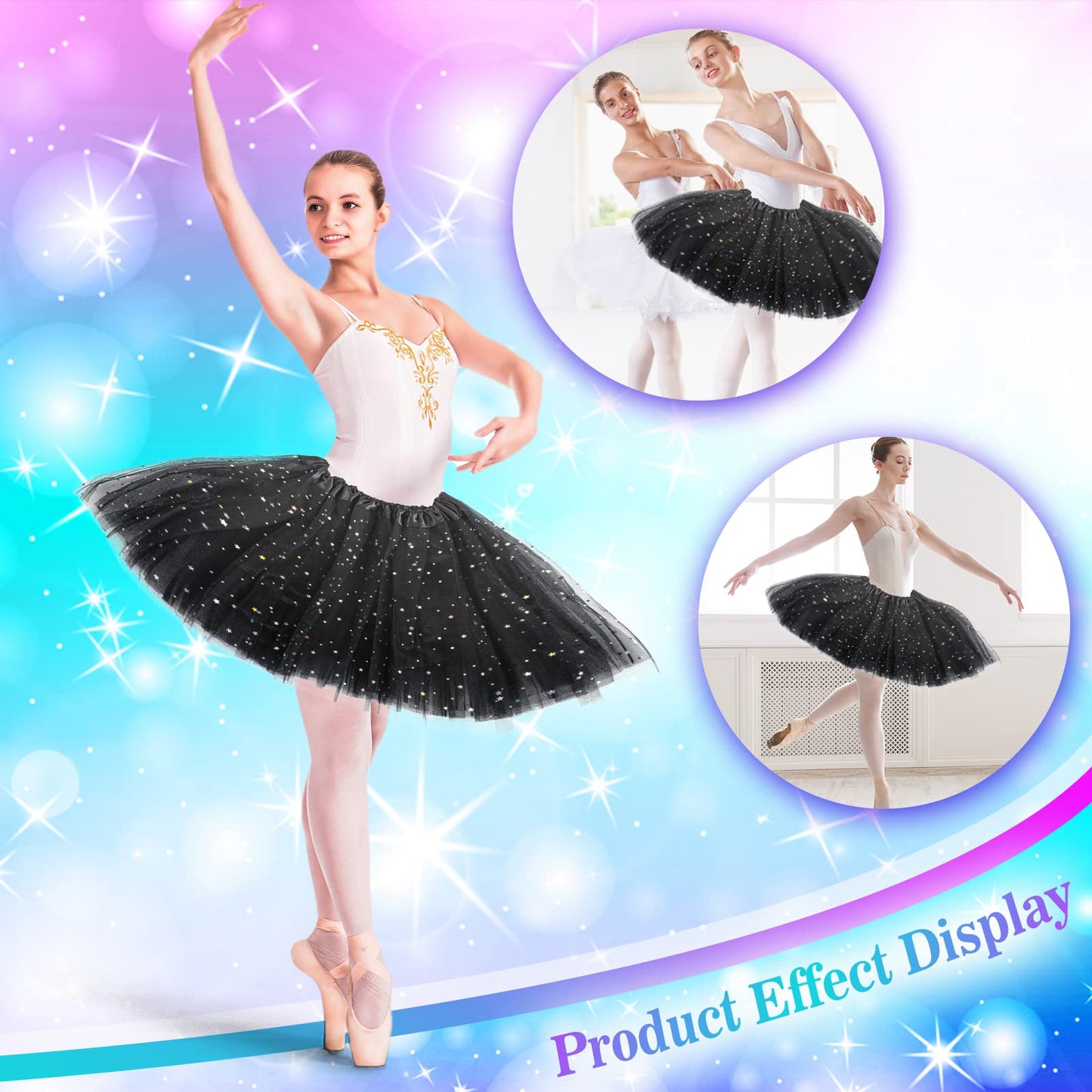 Yolev Tutu Skirts for Women Girls Adult Elastic 3 Layered Tulle Tutu Skirt with Sequin Stars Retro 80's Layered Bubble Skirt Running Skirt (Black)