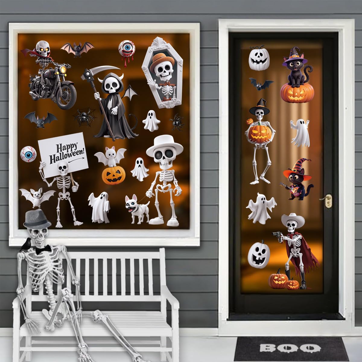 Wothfav 90Pcs Halloween Window Clings for Halloween Decorations, 9 Sheets Double-Sided PVC Window Stickers with Skull Grim Reaper, Removable Glass Decal Party Supplies for Indoor & Outdoor Home Decor