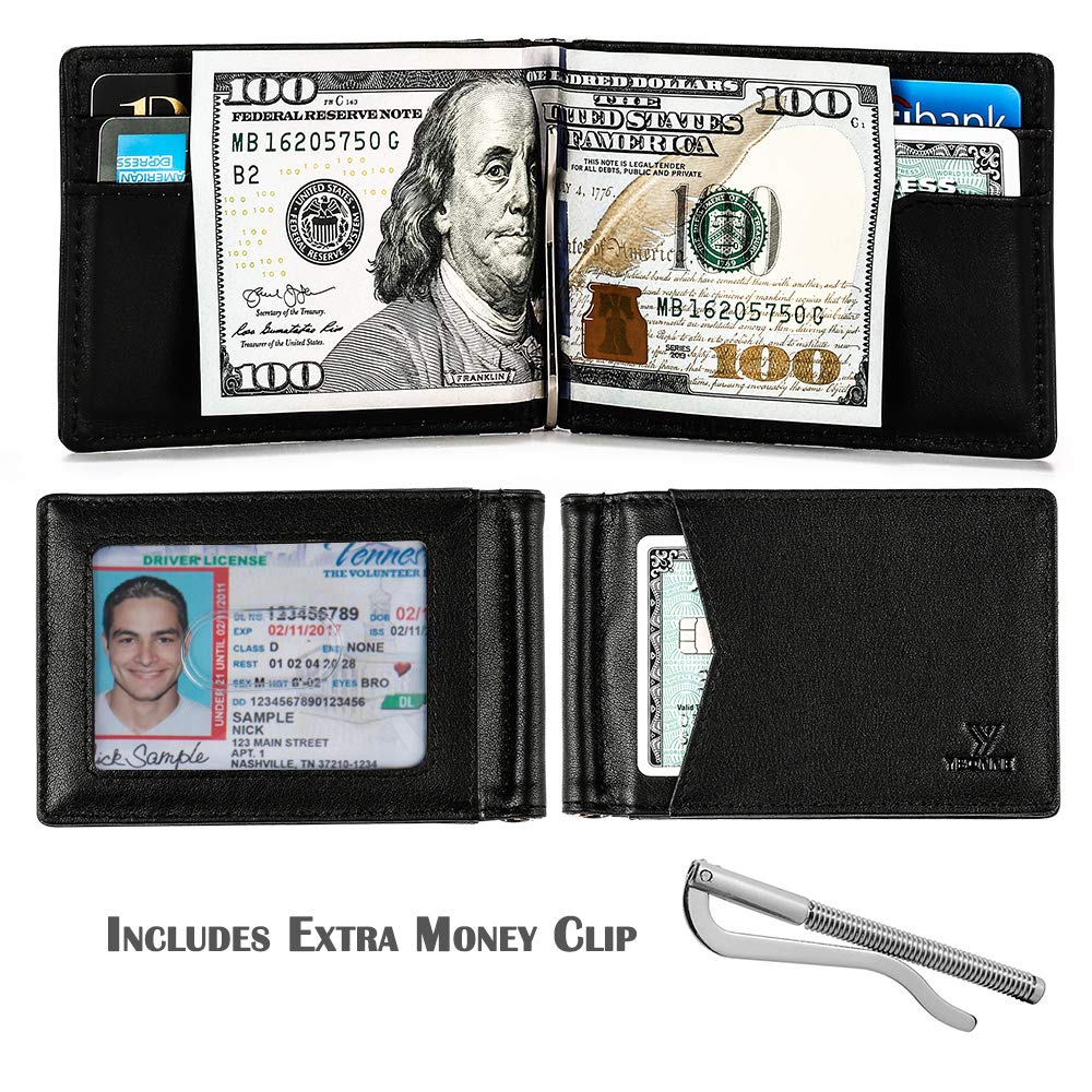 YBONNE Mens Slim Wallet with Money Clip Front Pocket RFID Blocking Thin Bifold Leather Card Holder Minimalist Mini Billfold