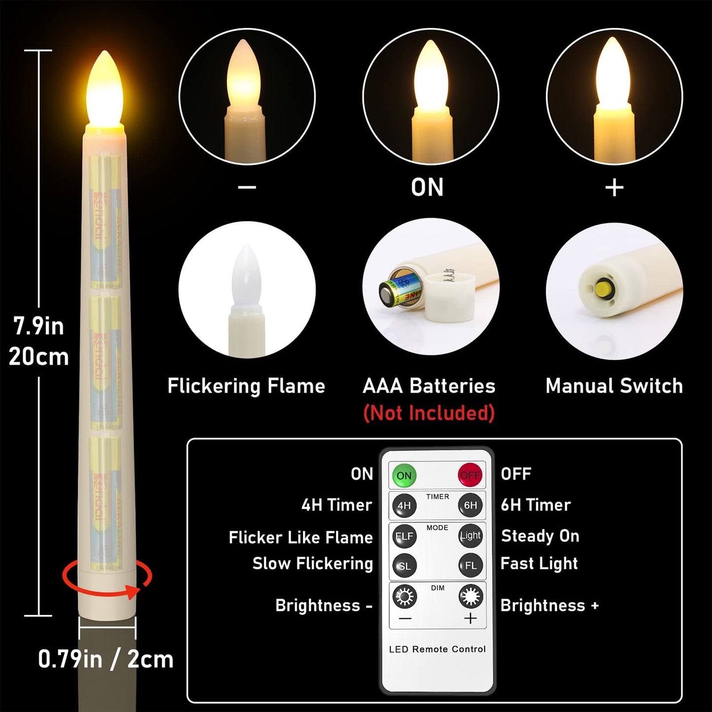 Ymenow Flameless Taper Candles with Remote Timer, 6pcs 7.9" Battery Operated LED Fake Electric Tapered Candles Flickering Ivory Floating Candlesticks for Halloween Party Table Christmas Decorations