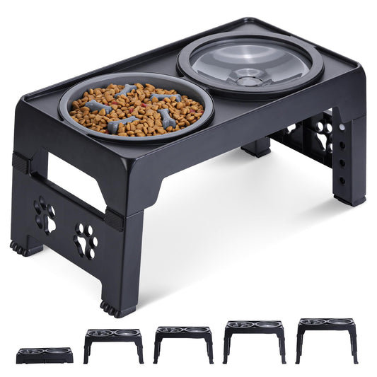 LALOBLUE Elevated Dog Bowls, Raised Slow Feeder Dog Bowls with No Spill Water Bowl, Dog Bowl Stand Adjusts to 5 Heights 2.95", 8.46", 9.65", 10.82", 12.01" for Small Medium Large Dogs and Pets, Black