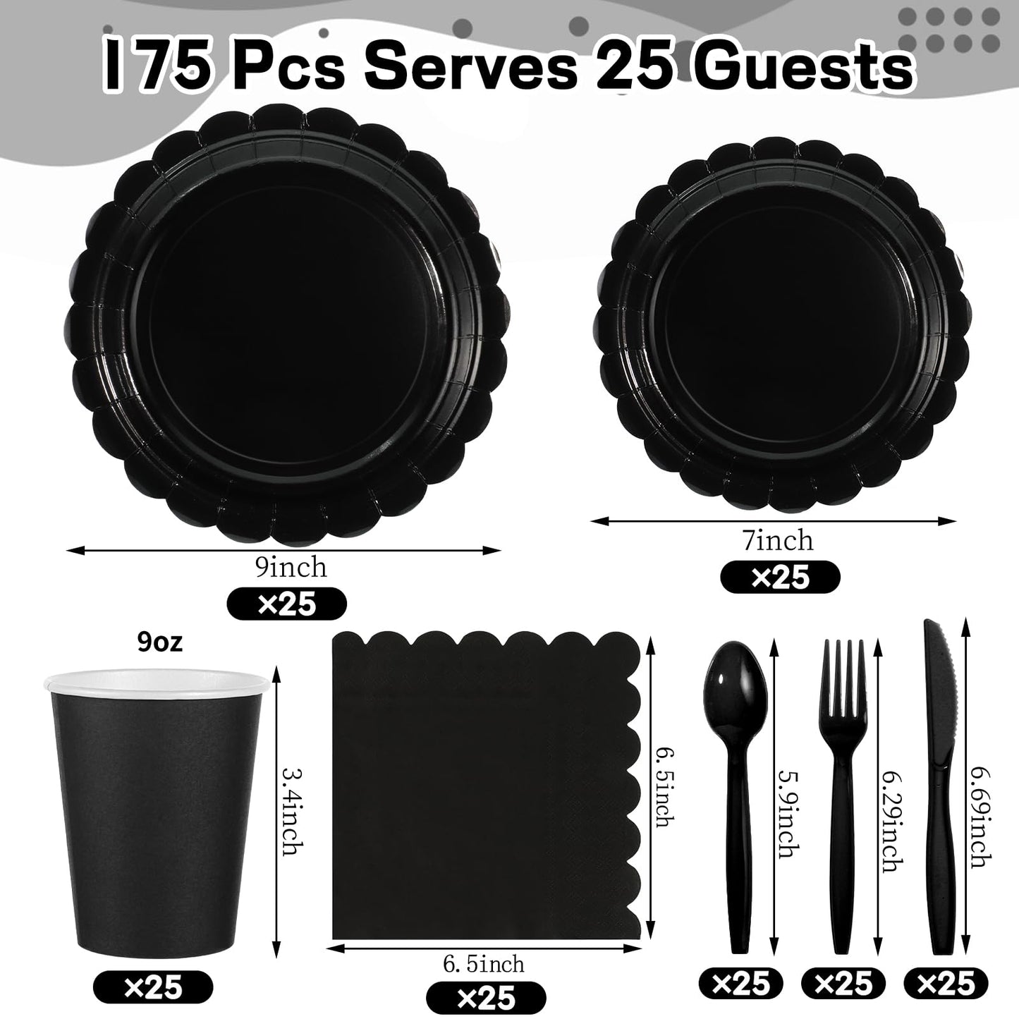 Xiangqu 175 Pcs Black Plates and Napkins 25 Guest Halloween Plates Set Black Party Supplies Includes Scalloped Party Plate Napkins Cups Plastic Cutlery for Birthday, Halloween, New Year