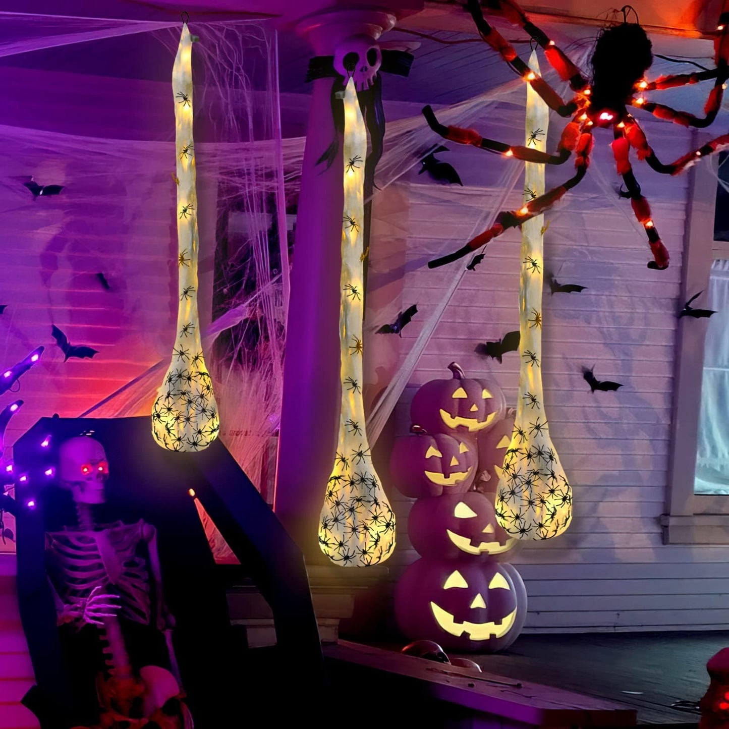 3pcs Halloween Spider Egg Sacs - 41 Inch Spider Egg Decoration with LED Lights for Yard, Lawn, Tree, Party, Indoor, Outdoor