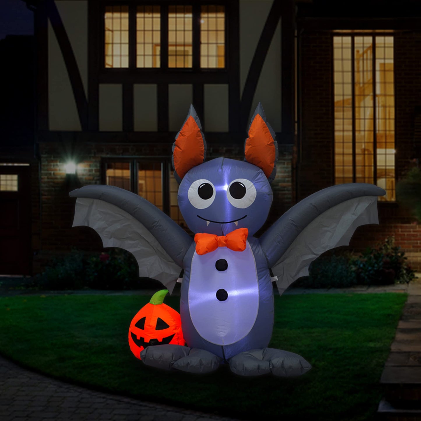 Ycolnaefllr 4 Foot Long Lighted Halloween Inflatable Bat & Pumpkin LED Lights Decor Outdoor Indoor Holiday Decorations, Blow up Lighted Yard Decor, Giant Lawn Inflatables Home Family Outside