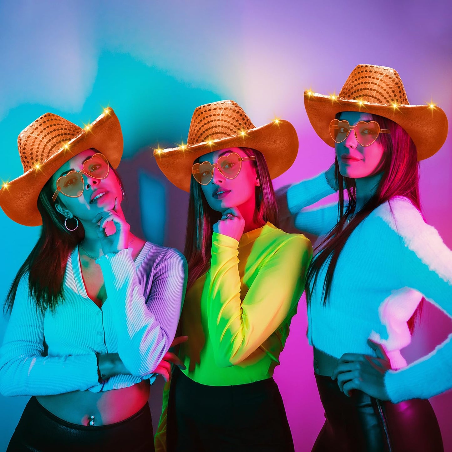 Zhanmai 6 Set LED Cowboy Hat Light Up Glitter Cowboy Hat with Sunglasses Sequin Space Cowgirl Hat for Women Men Costume (Orange)
