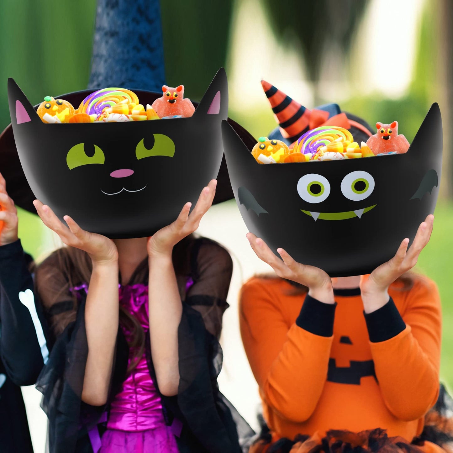 Zcaukya Halloween Party Supplies, Set of 3 Halloween Plastic Trick Treat Candy Bowls, Large Halloween Candy Holders, Black Cat Shaped Plastic Serving Bowl for Halloween Parties