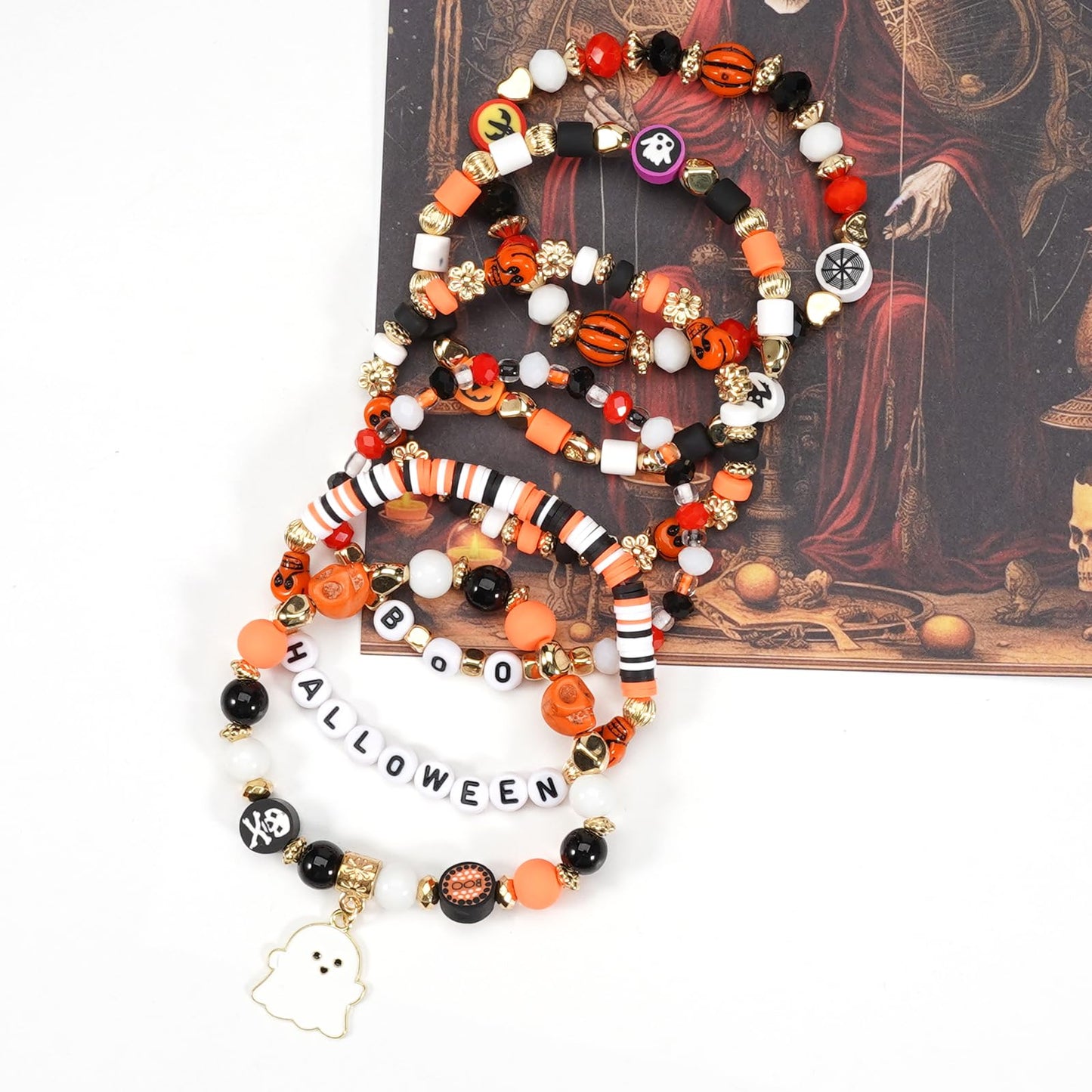 Lonext Halloween Bracelets Set Friendship Clay Preppy Heishi Boo Charm Beads Stackable Bracelet Ghost Pumpkin for Women
