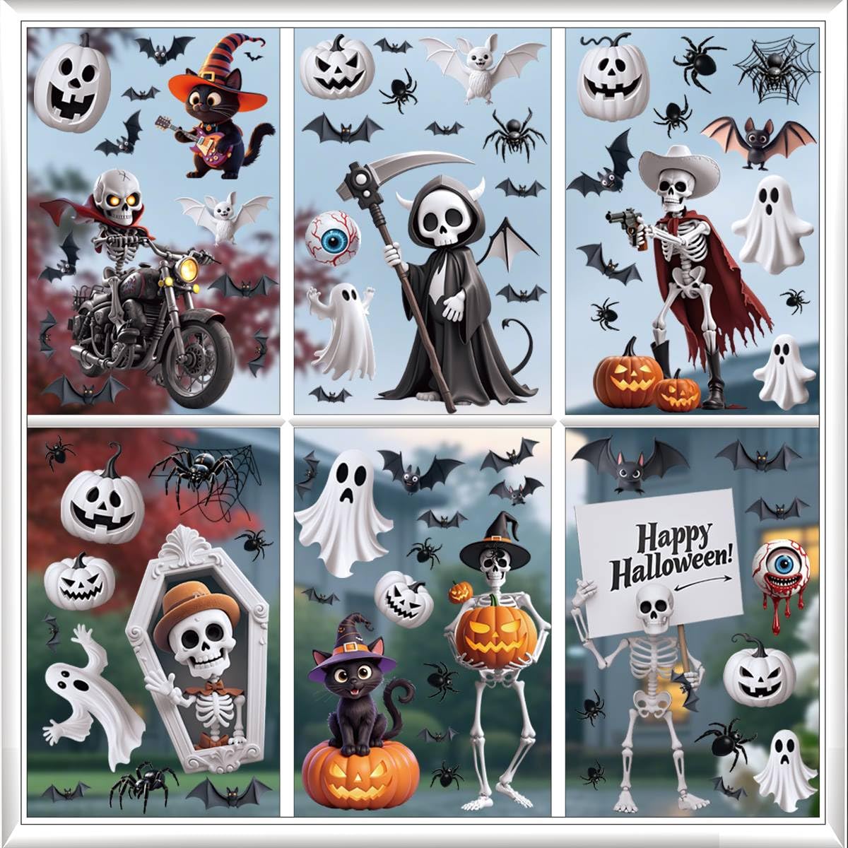 Wothfav 90Pcs Halloween Window Clings for Halloween Decorations, 9 Sheets Double-Sided PVC Window Stickers with Skull Grim Reaper, Removable Glass Decal Party Supplies for Indoor & Outdoor Home Decor