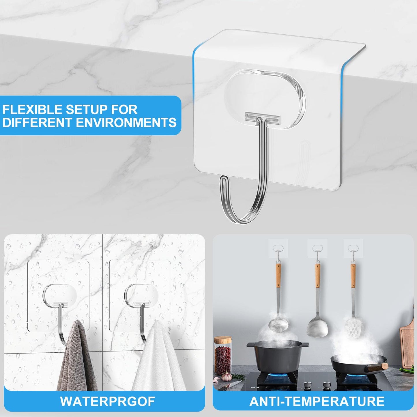 Large Adhesive Hooks for Hanging Heavy Duty Wall Hooks Self Adhesive Towel Coat Hooks Waterproof Transparent Hook for Bathroom Shower Kitchen Keys Door Outdoor Home Improvement Utility Hook 8 Pack