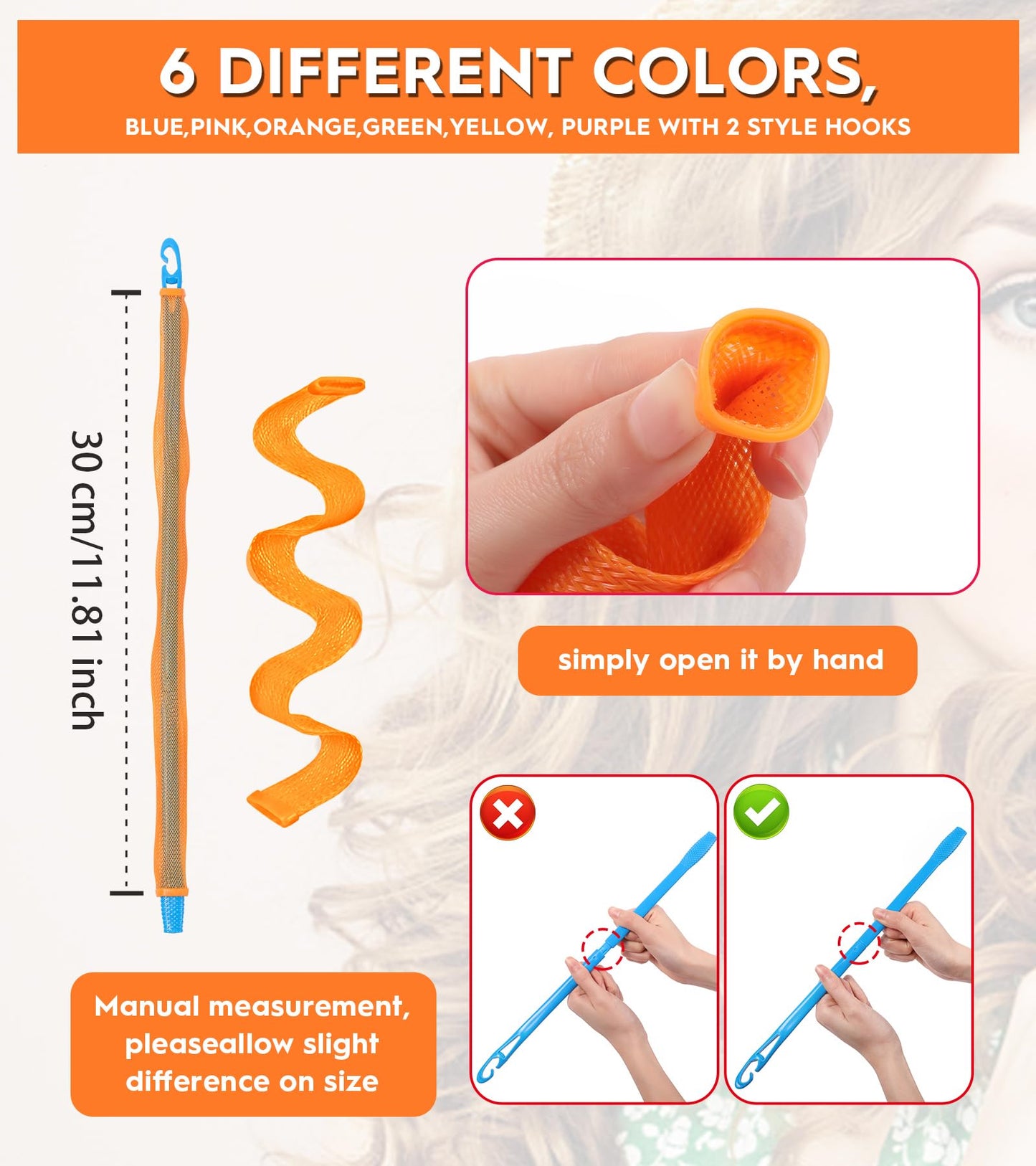 YEVYO 30 Pcs Heatless Hair Curlers Wave Curls Styling Kit with 2 Pcs Styling Hooks, No Heat Hair Curlers Heatless Wave Curlers for Women Girls Long Medium Short Hair (6 Colors, 30 cm/11.81 inch)