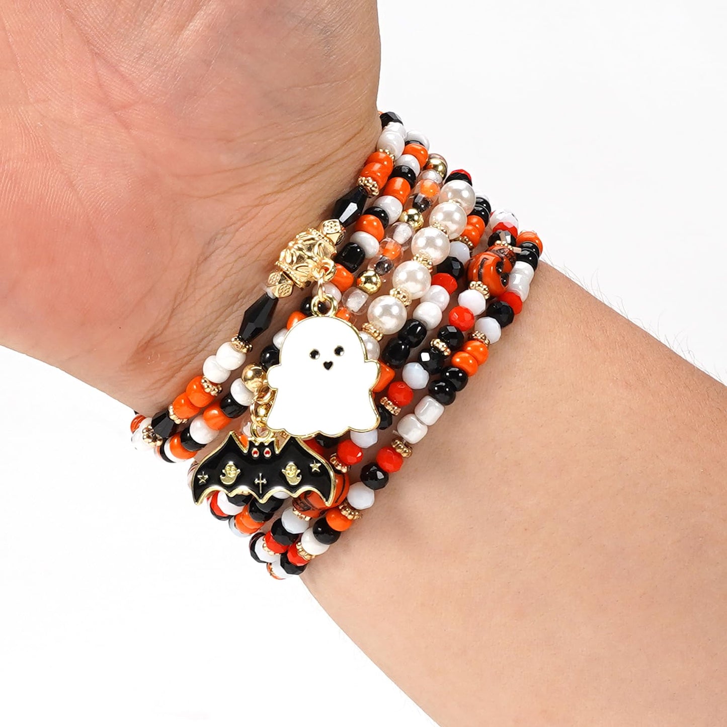 Lonext Halloween Bracelets Ghost Pumpkin Skull Skeleton Bat Spooky Bracelet for Women Boho Stretch Stack Bead Charm Heishi Bracelet
