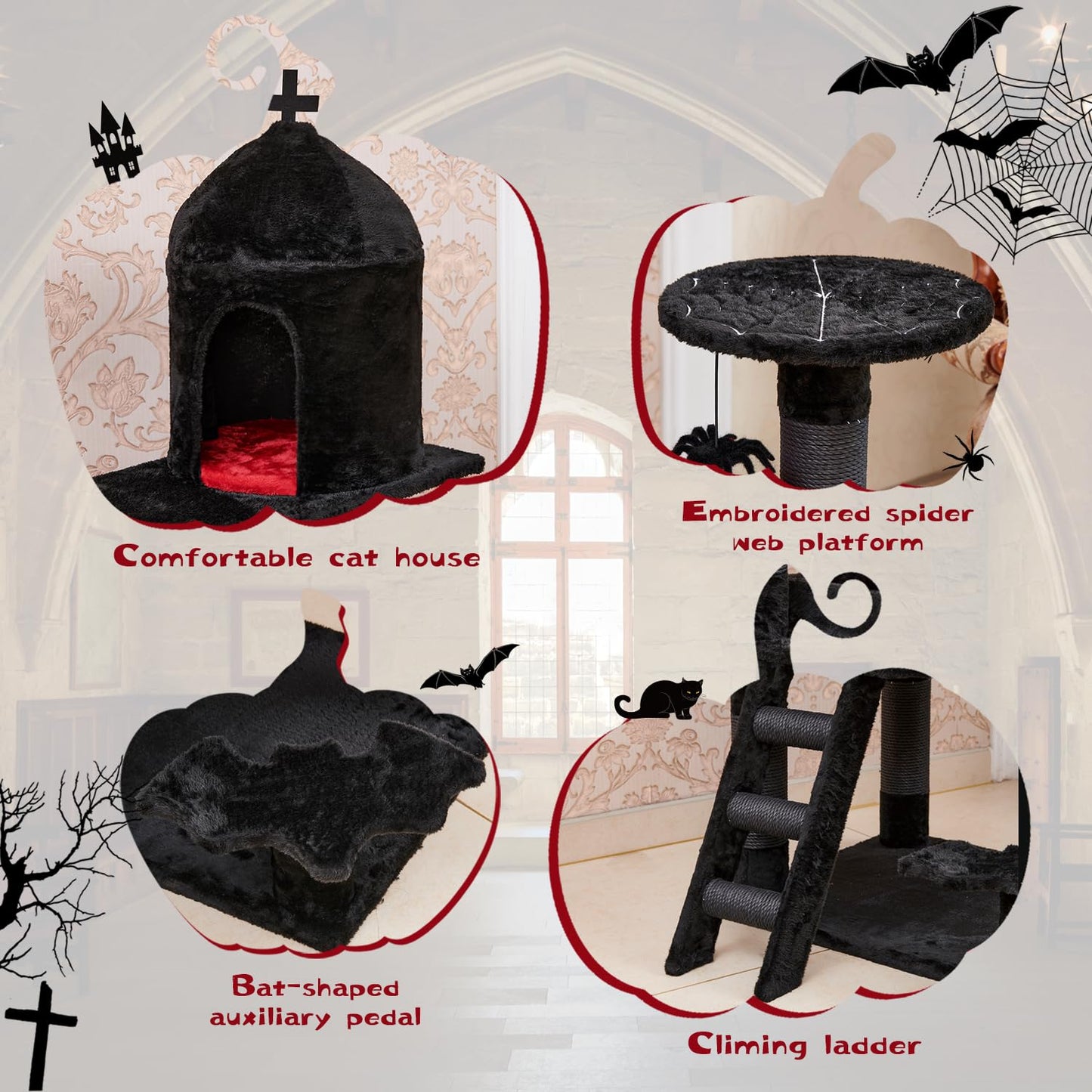 YARUOMY Gothic Cat Tree with Coffin Bed,55" Cat Tower with Spacious Cat Condo,Scratching Posts,Spider Hanging Ball,Multi-Level Cat Activities Furniture for Large Cats, Black Halloween