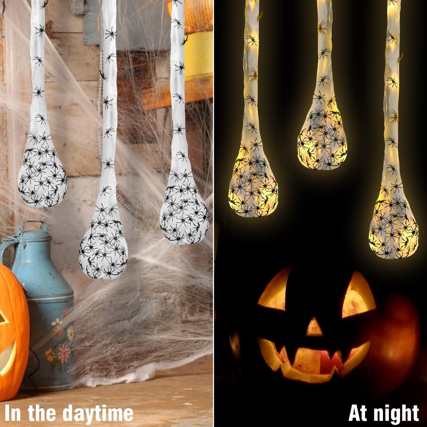 3pcs Halloween Spider Egg Sacs - 41 Inch Spider Egg Decoration with LED Lights for Yard, Lawn, Tree, Party, Indoor, Outdoor