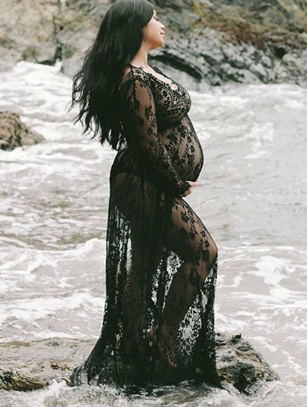 ZIUMUDY Sexy Deep V-Neck Long Sleeve Lace Beach See-Through Maternity Maxi Dress (XX-Large, Black)