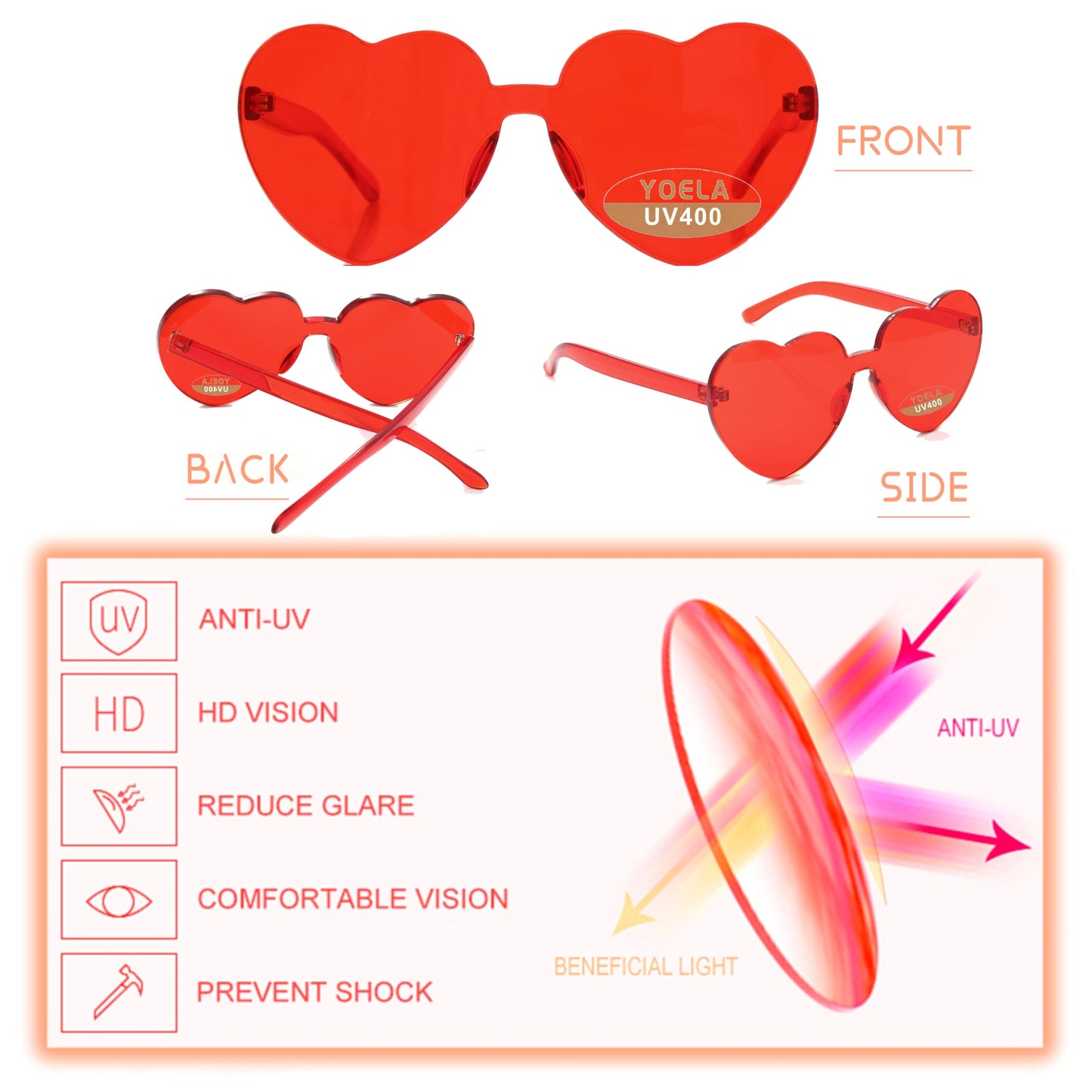 Yoela Heart Thick Oversized Rimless Sunglasses Transparent Heart Shape Eyewear Colorful Glasses Party Favors