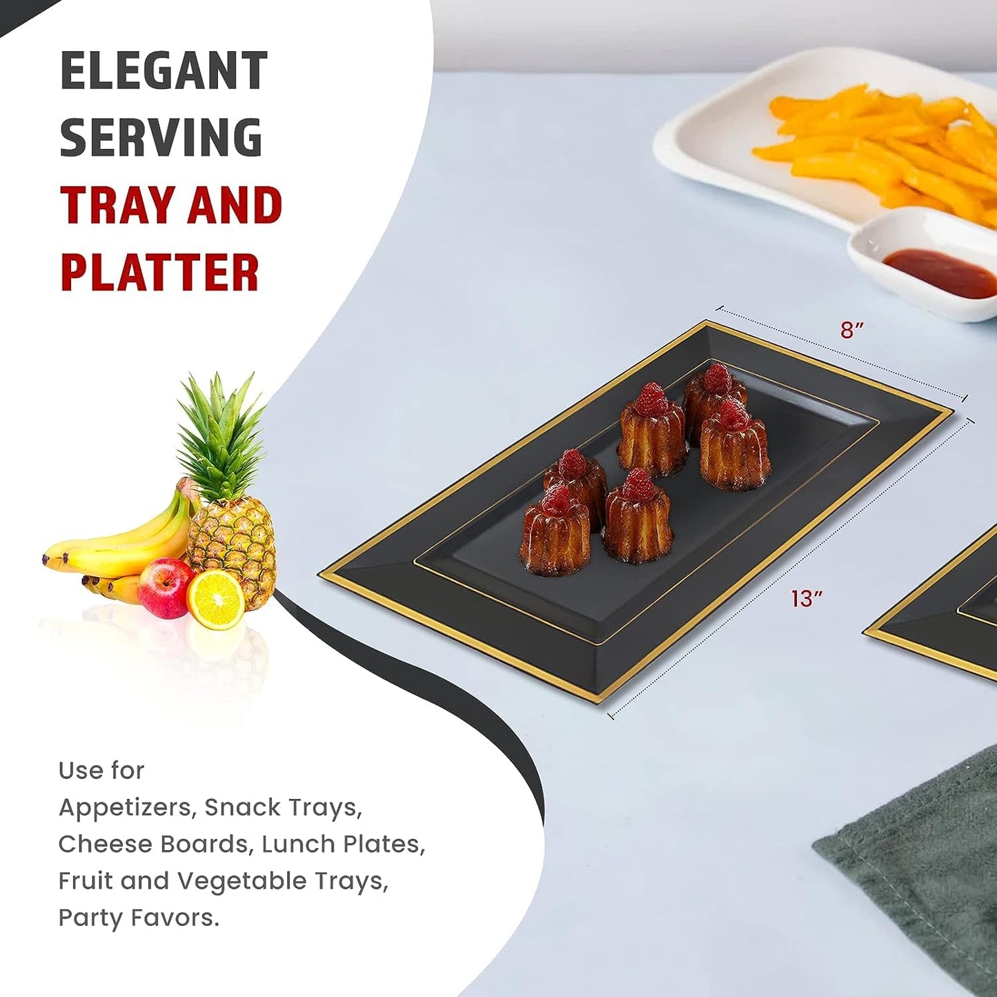 Yumchikel Black & Gold Rim Rectangular Plastic Serving Trays, 13 x 8 Inches, 6 Pack, Durable Disposable, Ideal for Food, Dessert, Cake, Drinks