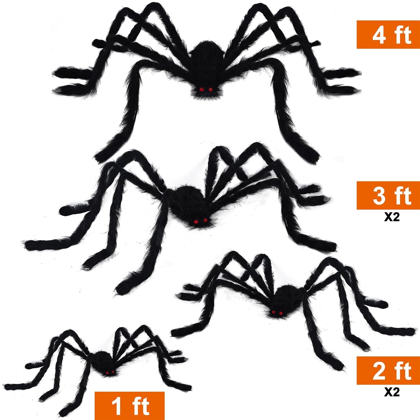 yosager Outdoor Halloween Decorations 6Pcs Realistic Giant Spiders, Huge Hairy Scary Halloween Spider Prop, Black Spooky Spider for House Window Yard Garden Patio Decor (12" 24" 24" 36" 36" 60")