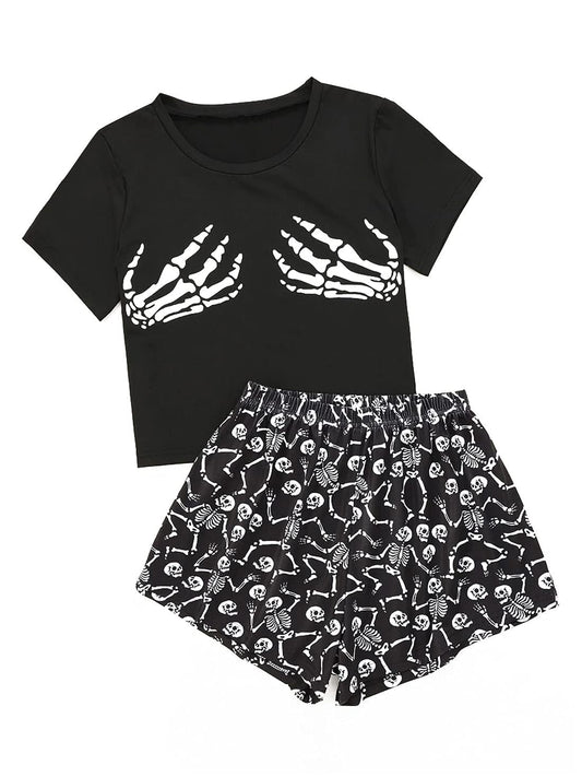 Laqeyko Halloween Pjs Women Skeleton Pajamas Sets Short Sleeve Crop Tee Shirt Top And Shorts Two Pieces Sleepwear Sets Fall Pajamas XL