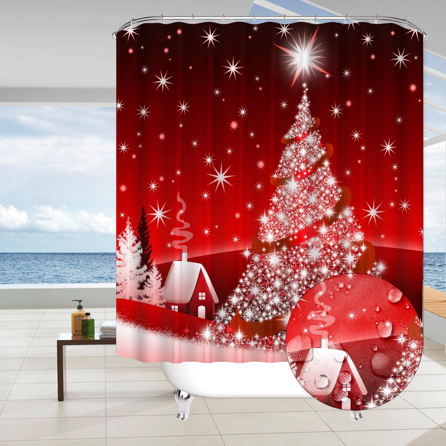 Yddsky 4PCS Red Christmas Tree Shower Curtain Sets, Christmas Village Printed Shower Curtain Sets with Rugs, Toilet Lid Cover and Bath Mat for Bathroom Set Decor Christmas Bathroom Decor Theme