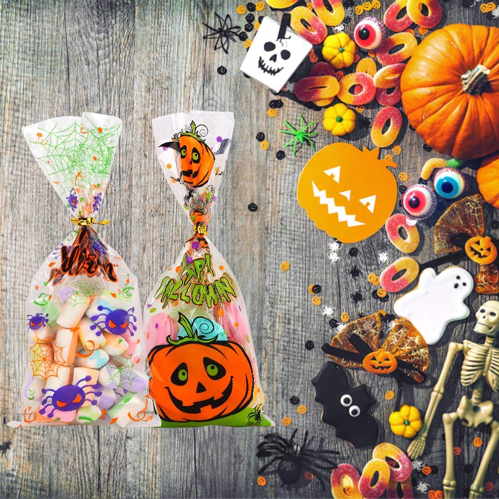 LOKIPA 200 Pcs Halloween Cellophane Candy Treat Bags with Twist Ties for Halloween Trick or Treat Party Favors