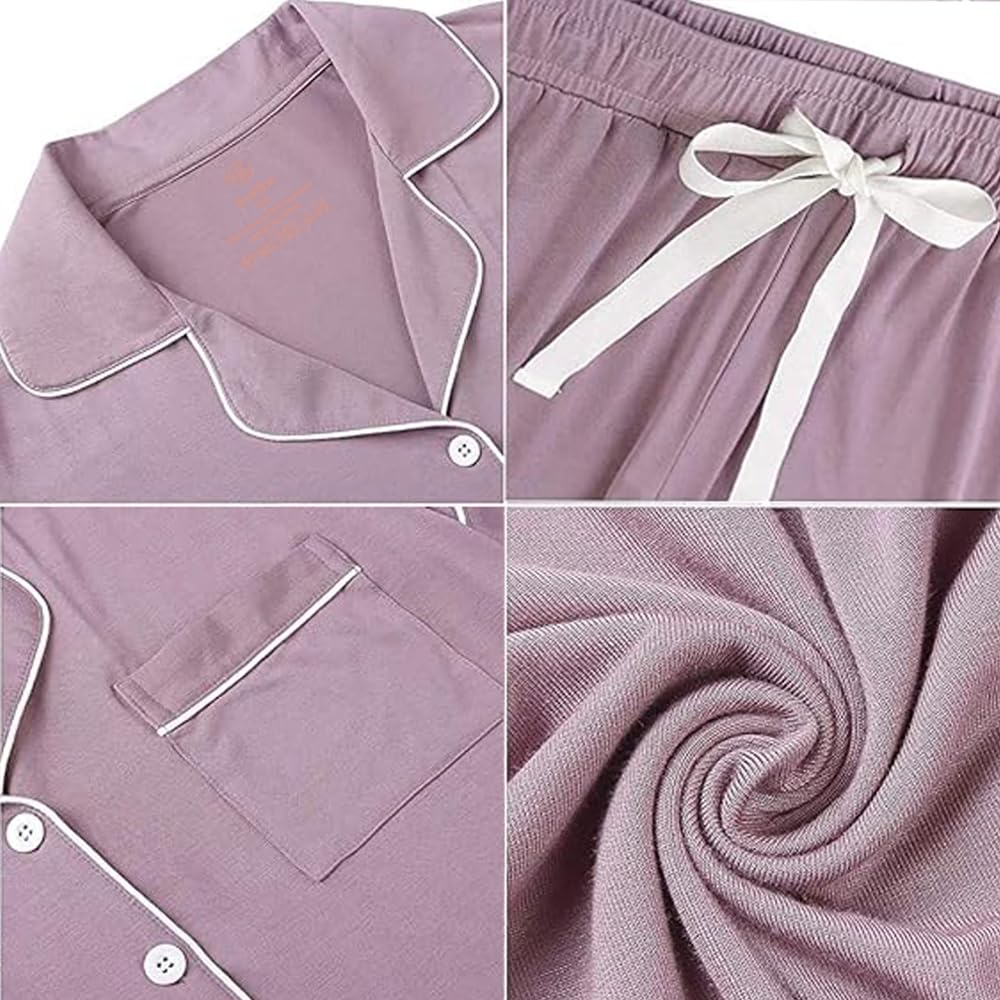 Yoolfine Button Up Pajamas for Women, Long Sleeve Sleepwear Soft Loungewear Ladies Pjs Set, Lavender, Medium