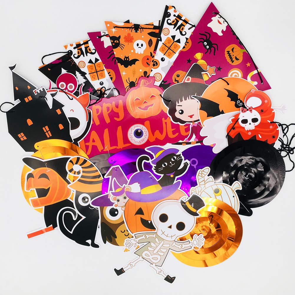 2025 Halloween Banner Party Decoration(Pre-Assembled) Cute Halloween Garland Bunting Banner Triangle Flag with Foil Swirl Ceiling Hanging Cards, Pumpkin Ghost Witches Bat Spider Skull Sticker