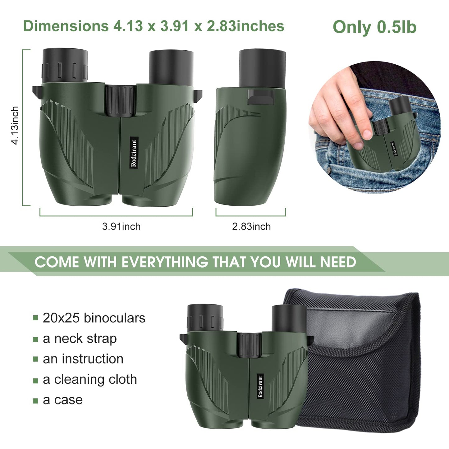 20X25 Compact Binoculars for Adults and Kids,Large Eyepiece Waterproof Binocular,Easy Focus Small Binoculars for Bird Watching,Hiking and Concert, Green