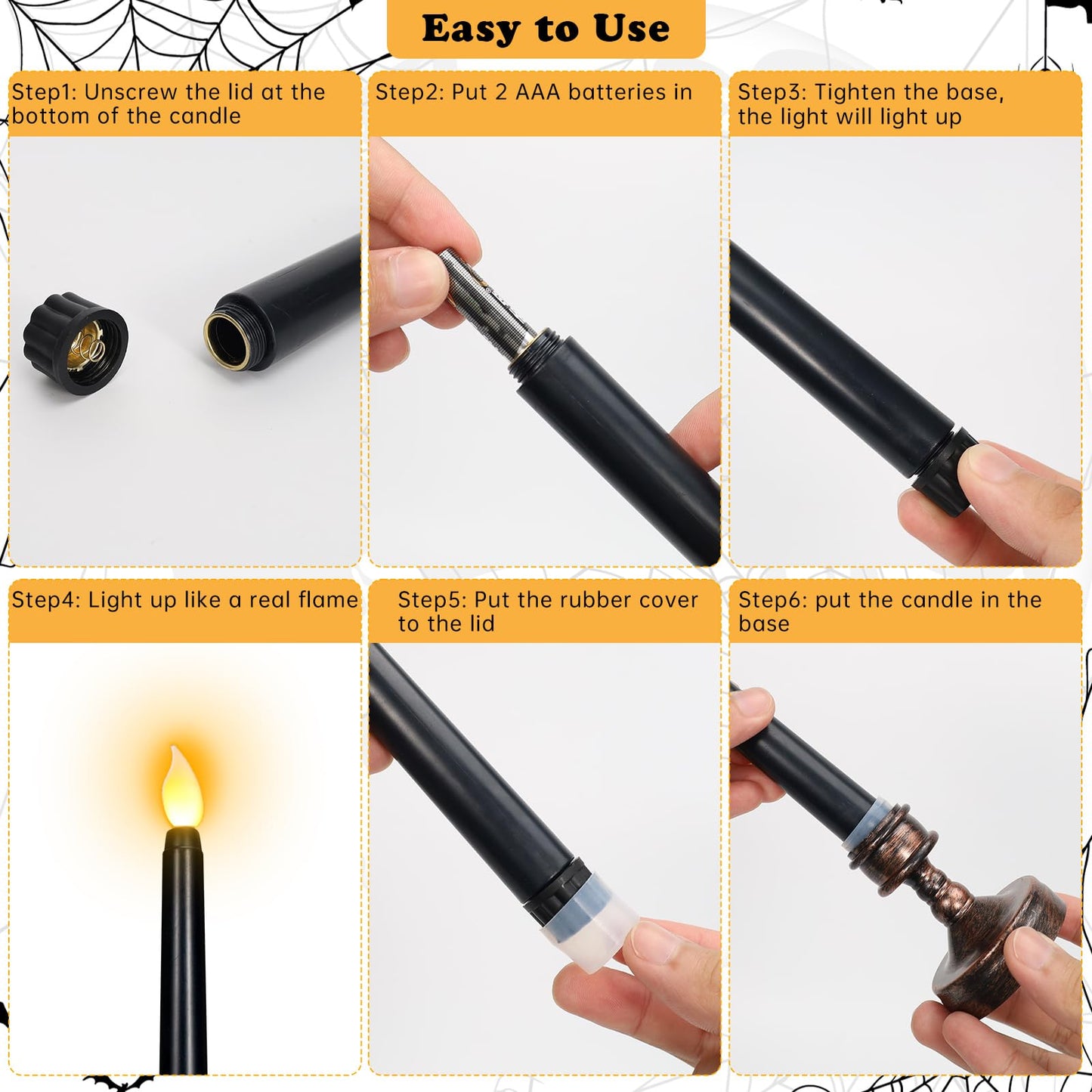 YUNVI Sets of 8 Black Halloween Candles,Flameless Taper Candles with Base,LEDs Candlesticks,Plastic Flickering Flameless Candles for Halloween Fireplace