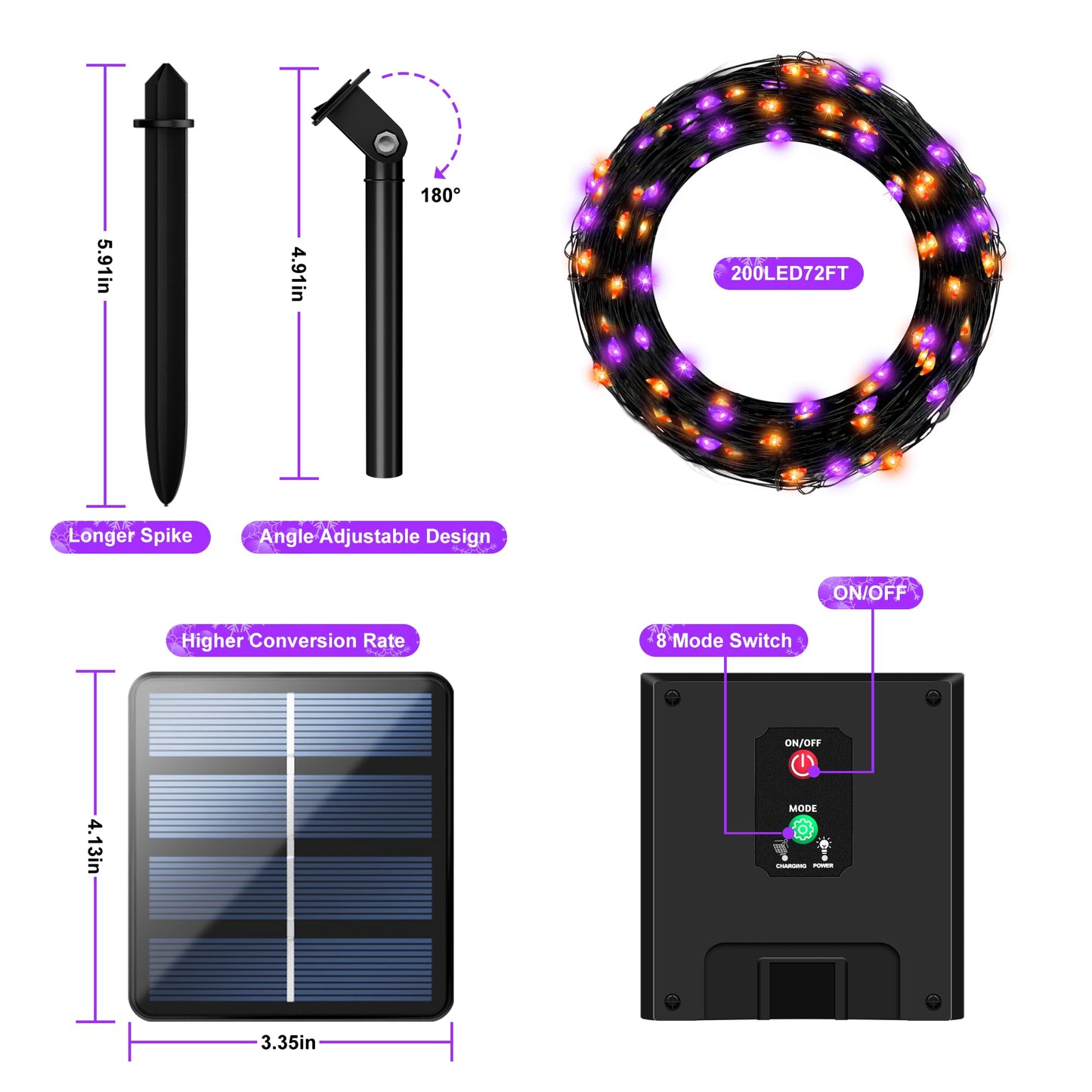 200LED Solar Halloween Lights,78FT Orange& Purple String Lights,Solar Fairy Lights with 8 Modes, Halloween Lights Outdoor Waterproof for Bedroom Patio Garden Party Yard Decoration