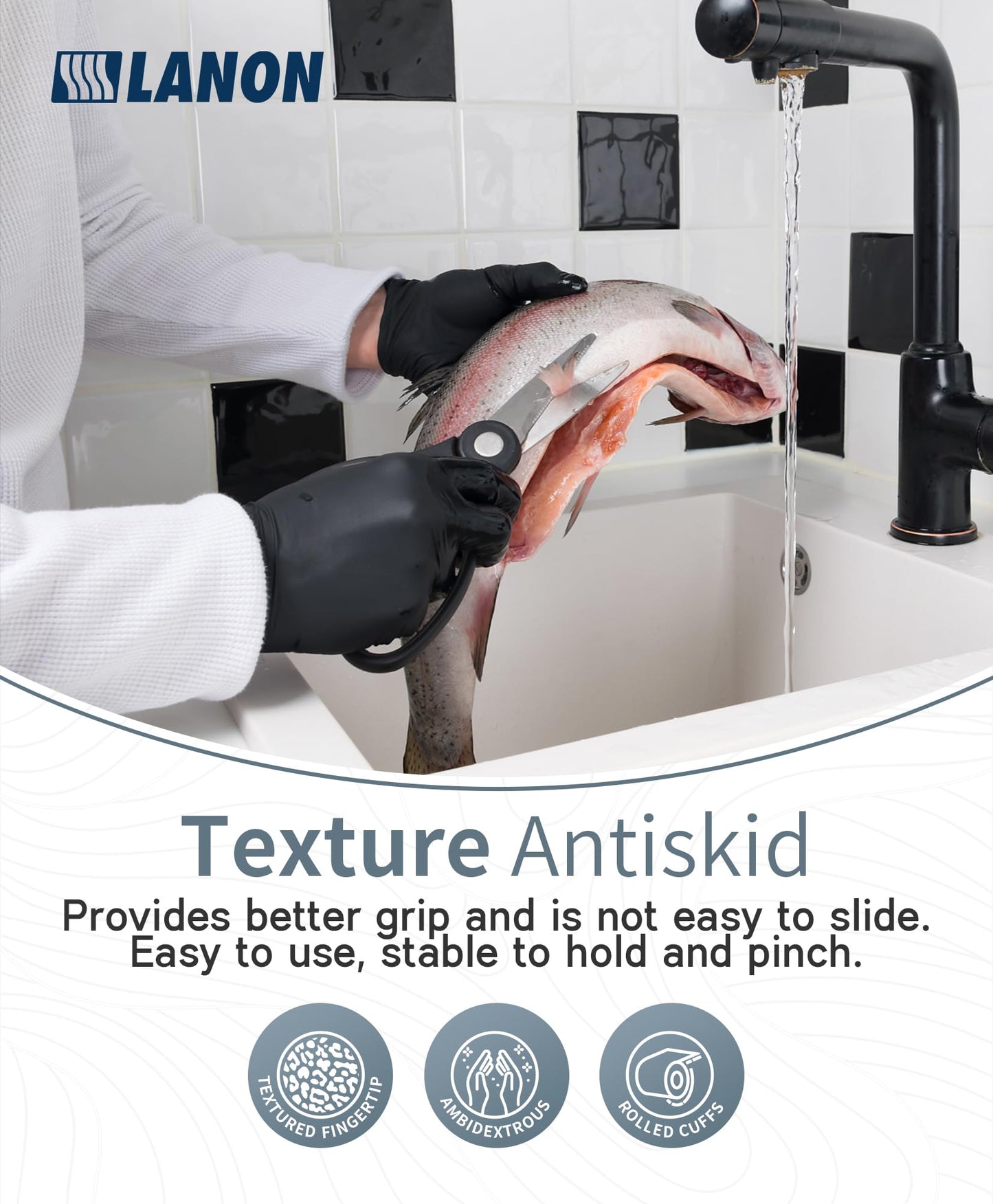 LANON Food Safe Disposable Nitrile Gloves, Latex-Free, Powder-Free, Silicone-Free, Textured Fingertips, Cooking, Black,Medium