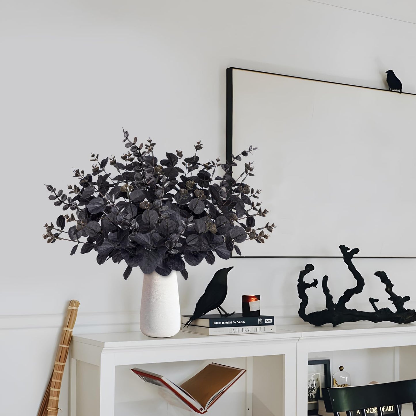 Yen Jean 20PCS Black Halloween Decor Artificial Flowers Bulk - Eucalyptus Stems Branches Decorations for Table Indoor Centerpieces Party Supplies