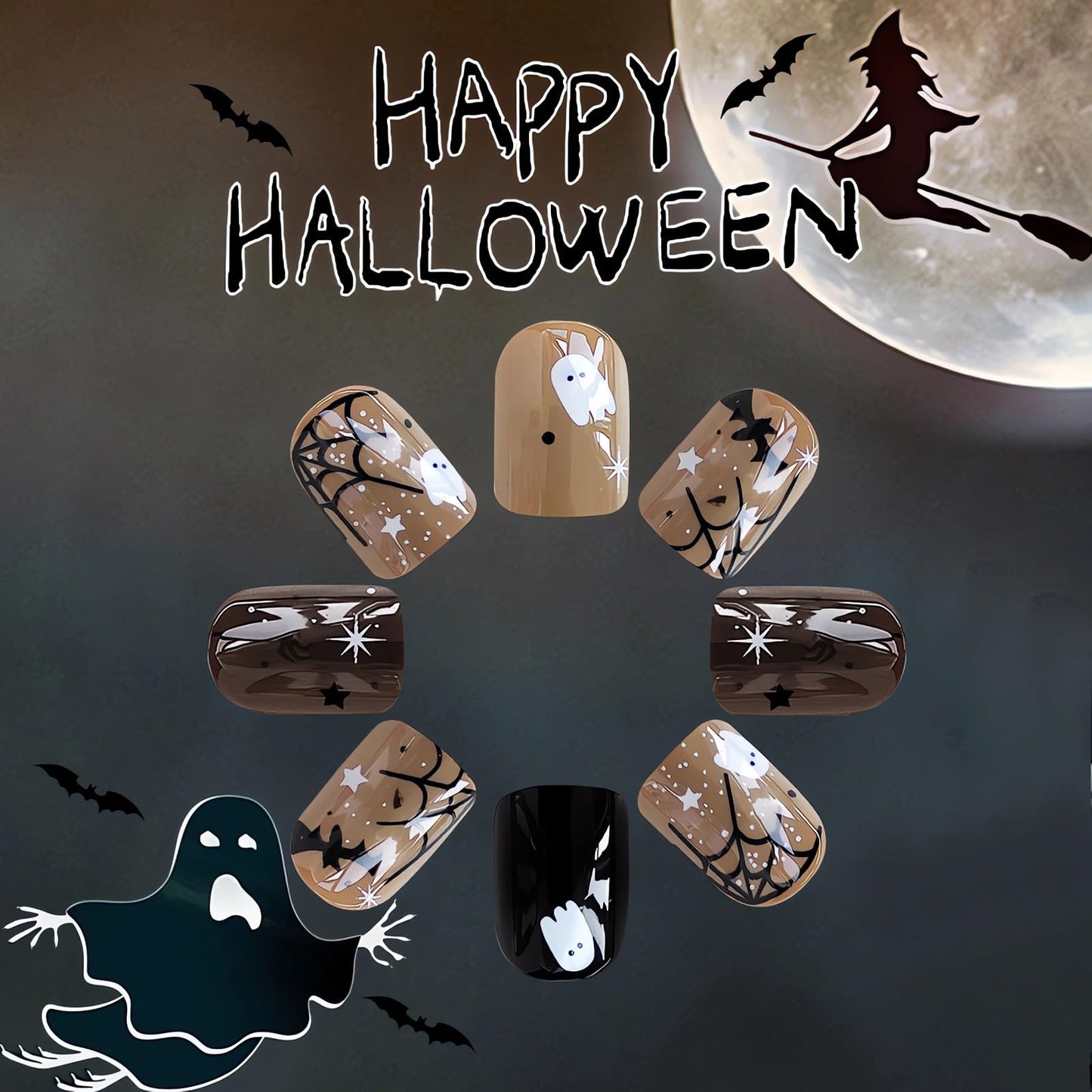 24Pcs Black Halloween Nails - Short Press On, Ghost Spider Web Bat Designs, Full Cover Square False Nails, Glue On For Women