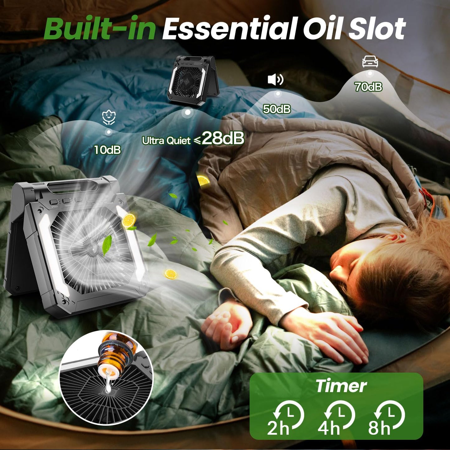 20000mAh Portable Fan Rechargeable with Solar Panel 2-in-1, 3 Speeds Cordless Battery Powered Fan with Led Lantern,Timer, Quiet USB-C Table Fan for Travel Tent Hurricane Office Home Bedroom (Black)