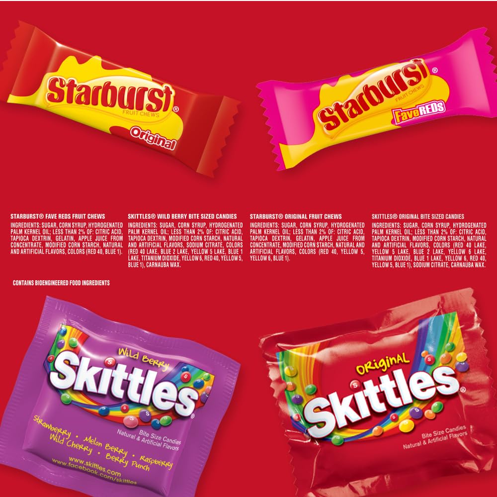 Wrigley's Assorted Candy Variety Pack, SKITTLES Original, SKITTLES Wild Berry & STARBURST Original and STARBURST FaveReds Fun Size Chewy Candy, 32.28 Oz Jumbo Pack, Bulk Bag