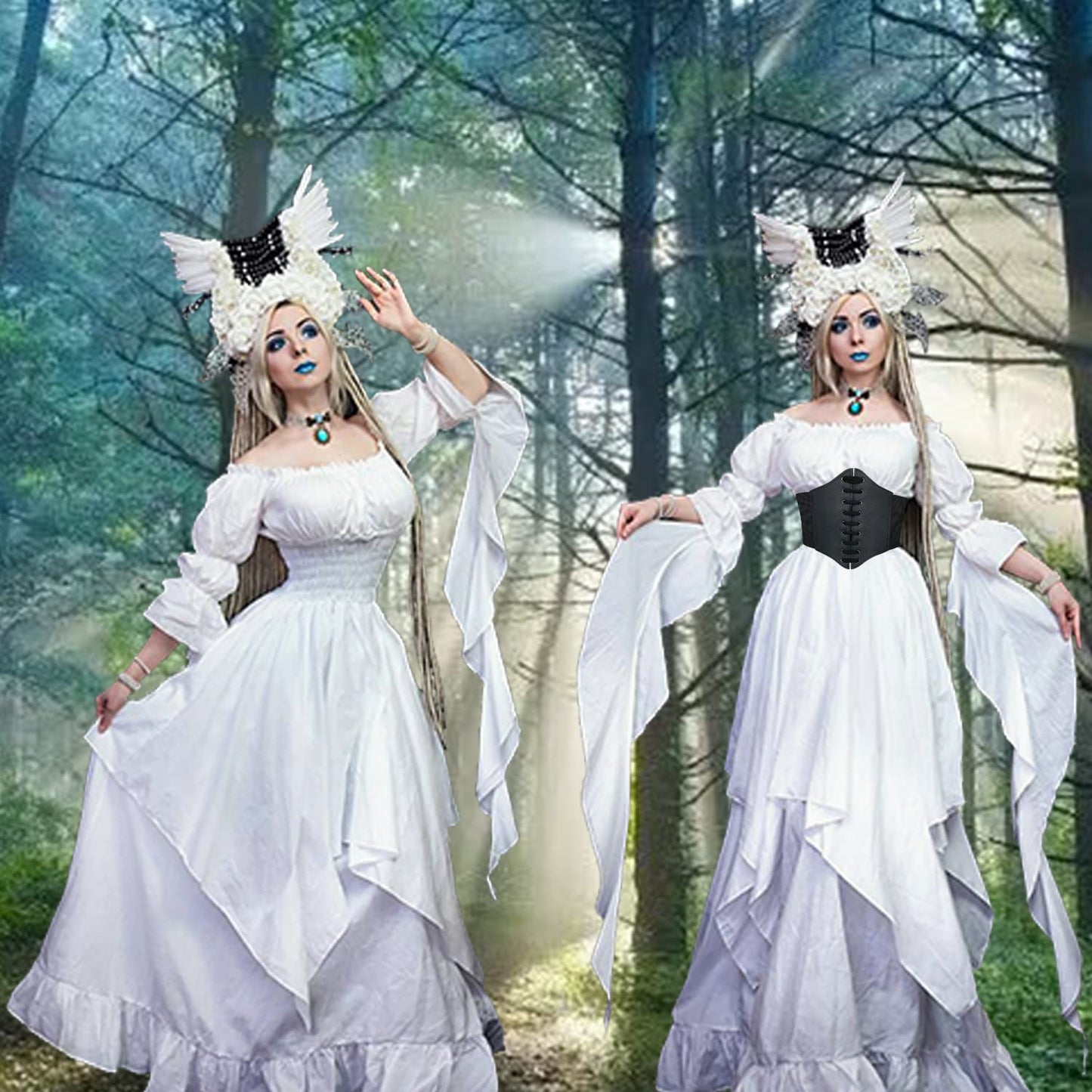 YEAXLUD Women's Victorian Dress Puff Sleeve Off Shoulder Ruffle Plus Size Medieval Costume for Women Renaissance Dress (White, XX-Large)