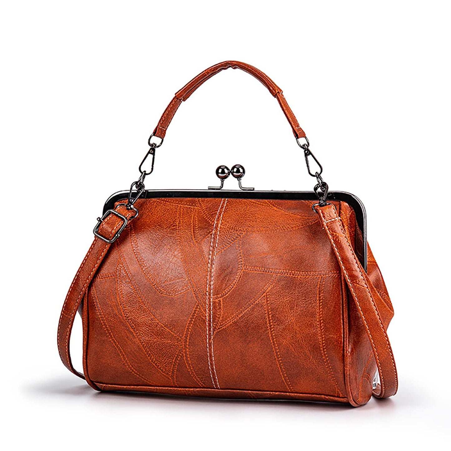 Women Vintage Hollow Handbag Oil Leather Shoulder Crossbody Bag Clutch Satchel Purse with Kiss Lock Closure (black)