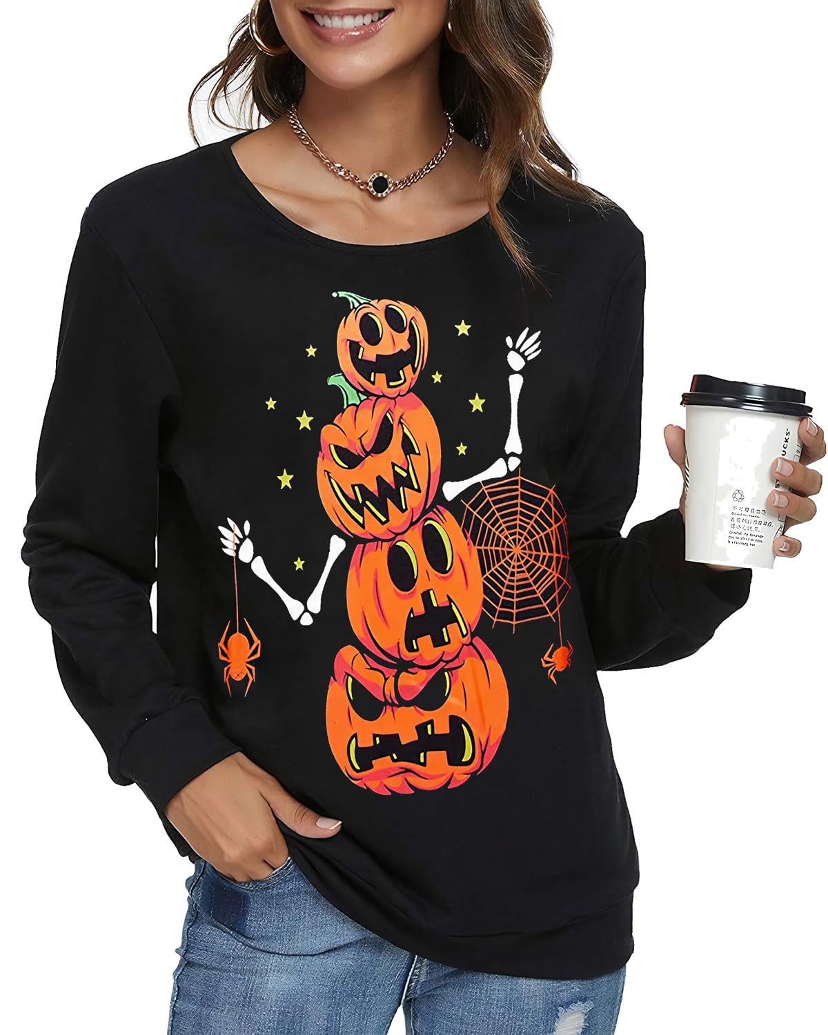 zarmfly Halloween Sweatshirts for Women Pumpkin Skeleton Shirts Long Sleeve Funny Pumpkin Graphic Halloween Tops M 8111